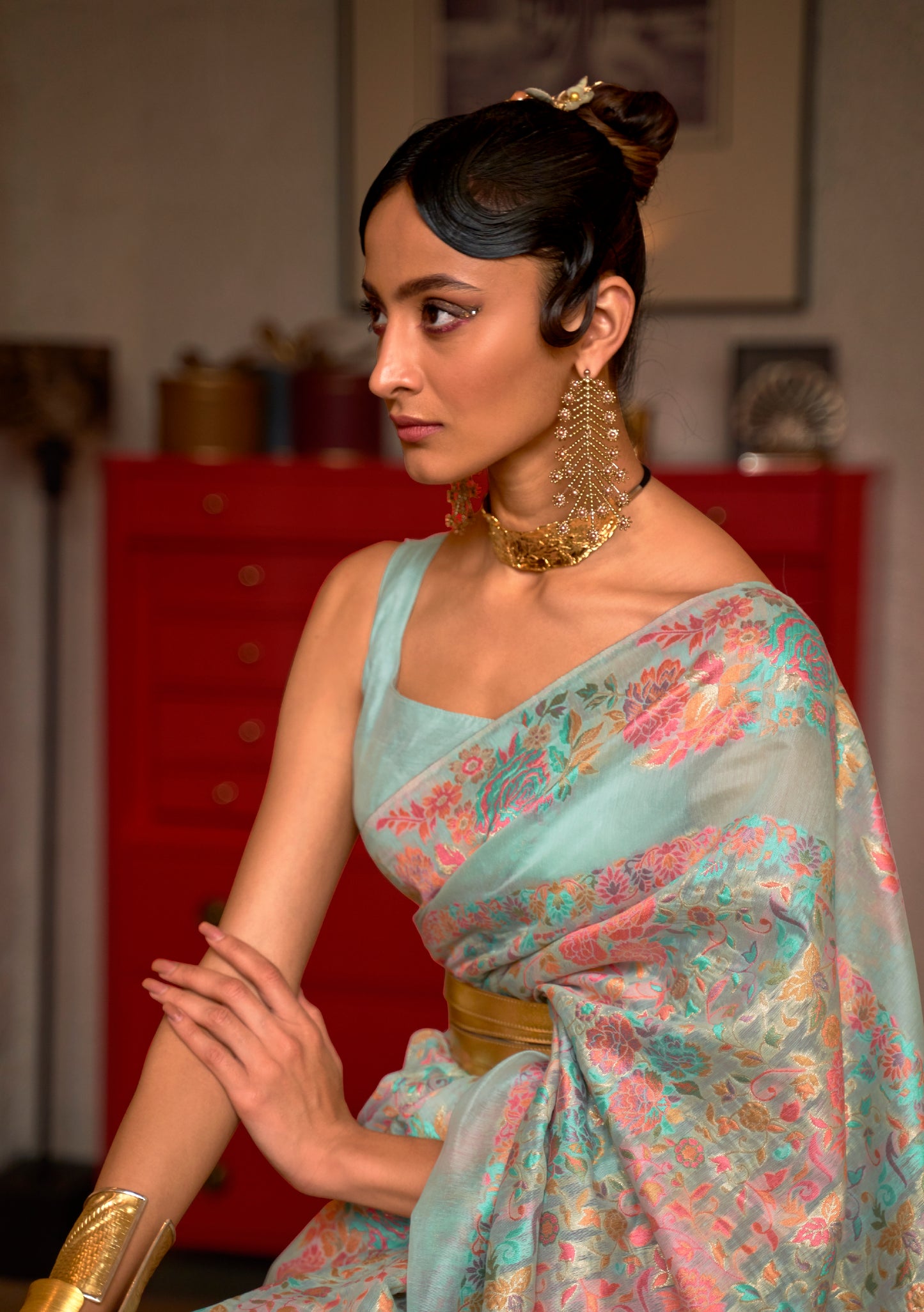 Pastel Blue Kashmiri Modal Handloom Weaving Silk Saree