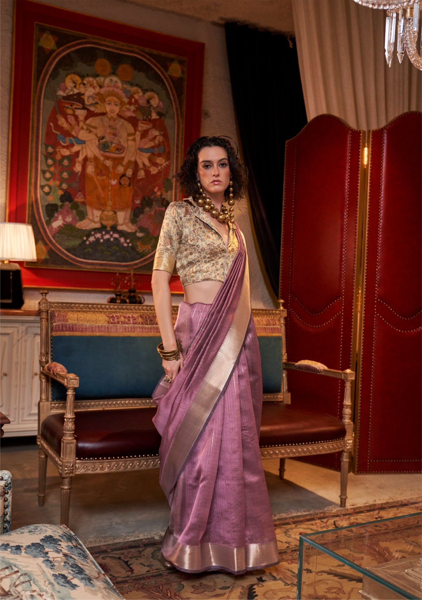 Mauve Handwoven Moss Chiffon Saree with Heavy Jacquard Blouse