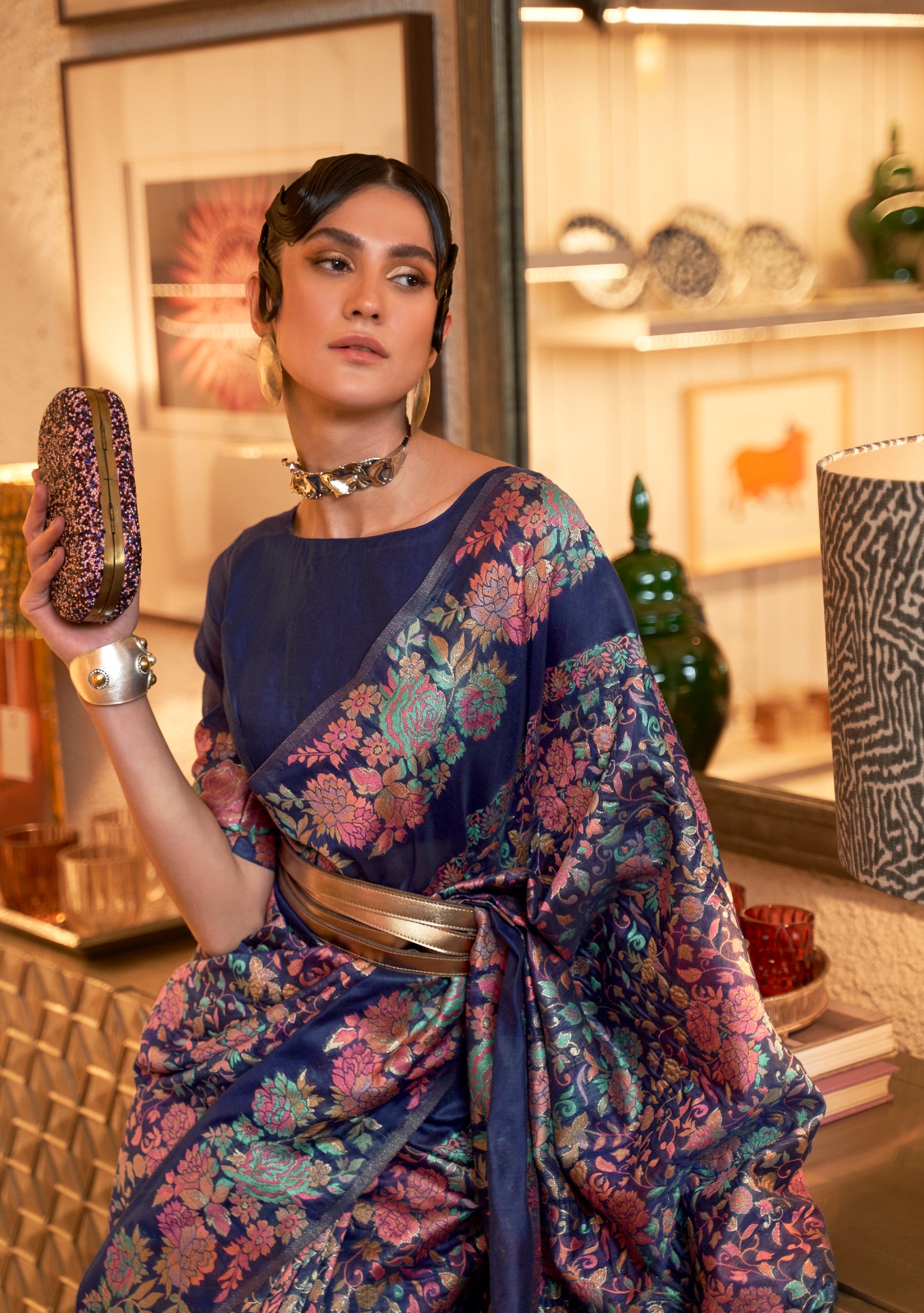 Blue Kashmiri Modal Handloom Weaving Silk Saree