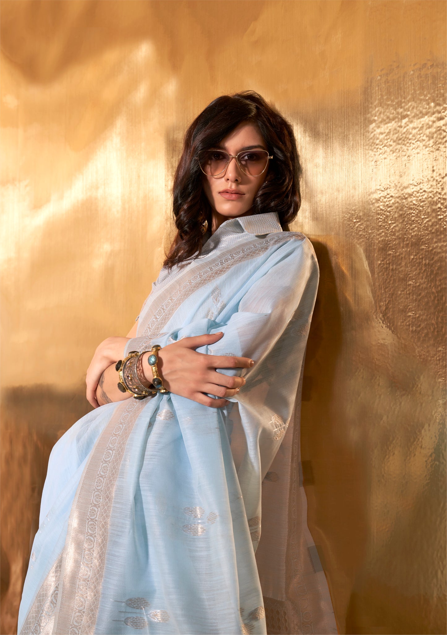 Pastel Sky Blue Handloom Linen Weaving Sarees