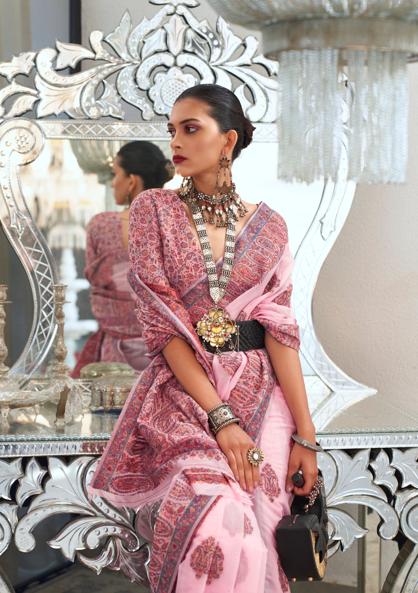 Pastel Pink Modal Heavy Kashmiri Handloom Weaving Silk Saree
