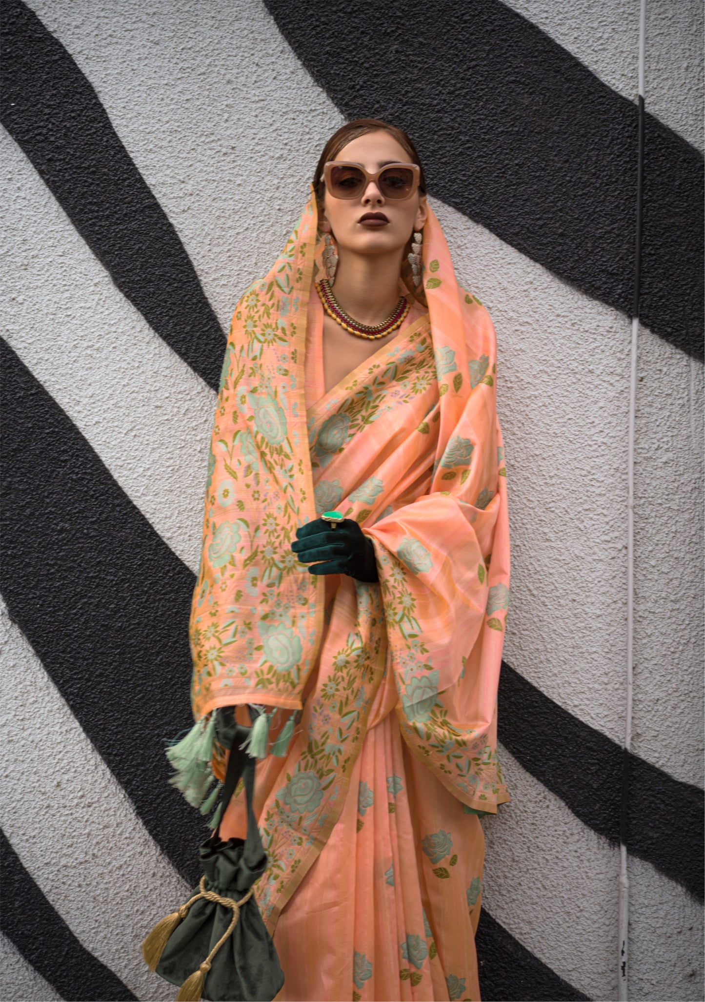 Peach Parsi Weaving - Handwoven Textured Silk Saree