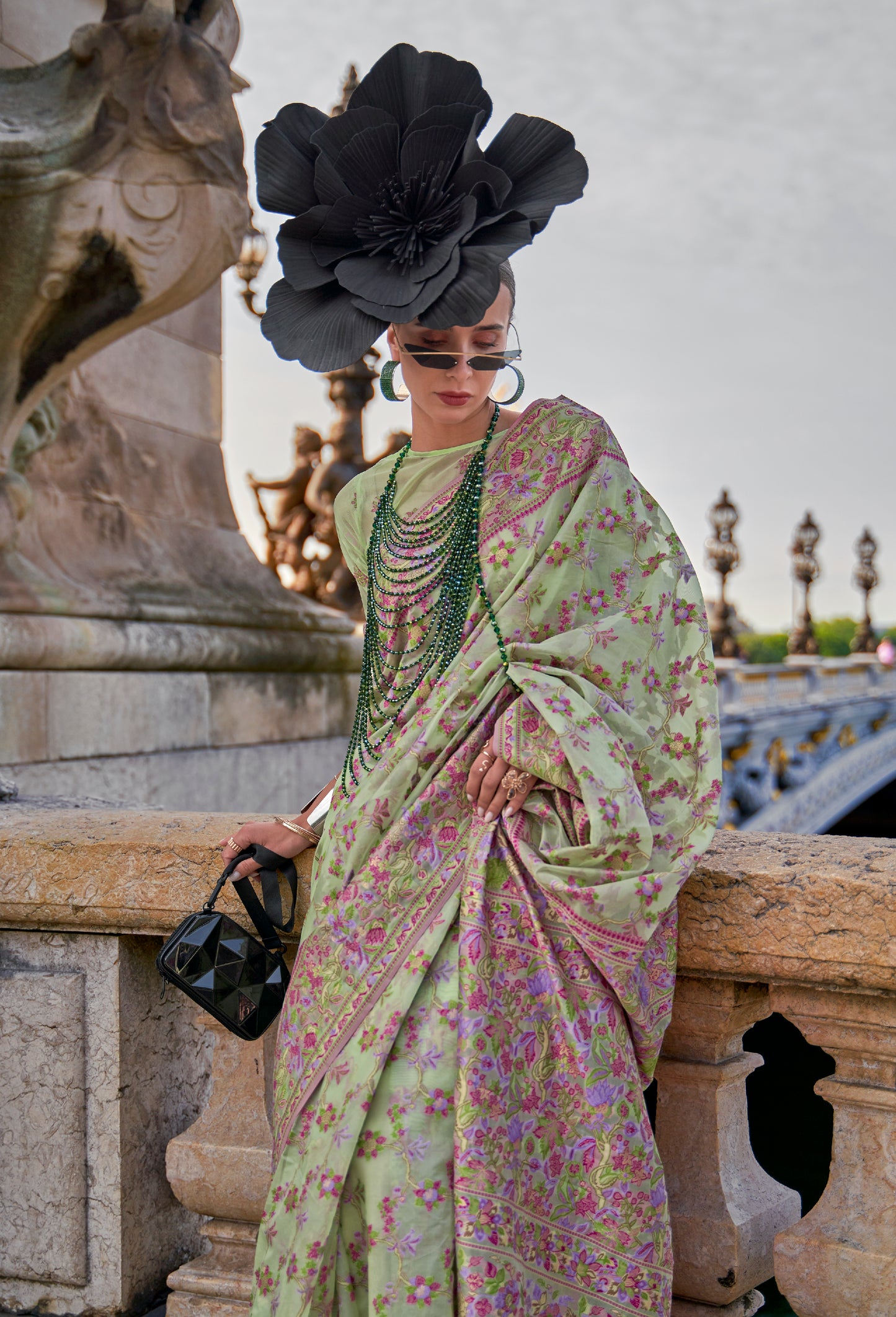 Pistachio Green Organza Parsi Handloom Weaving Saree