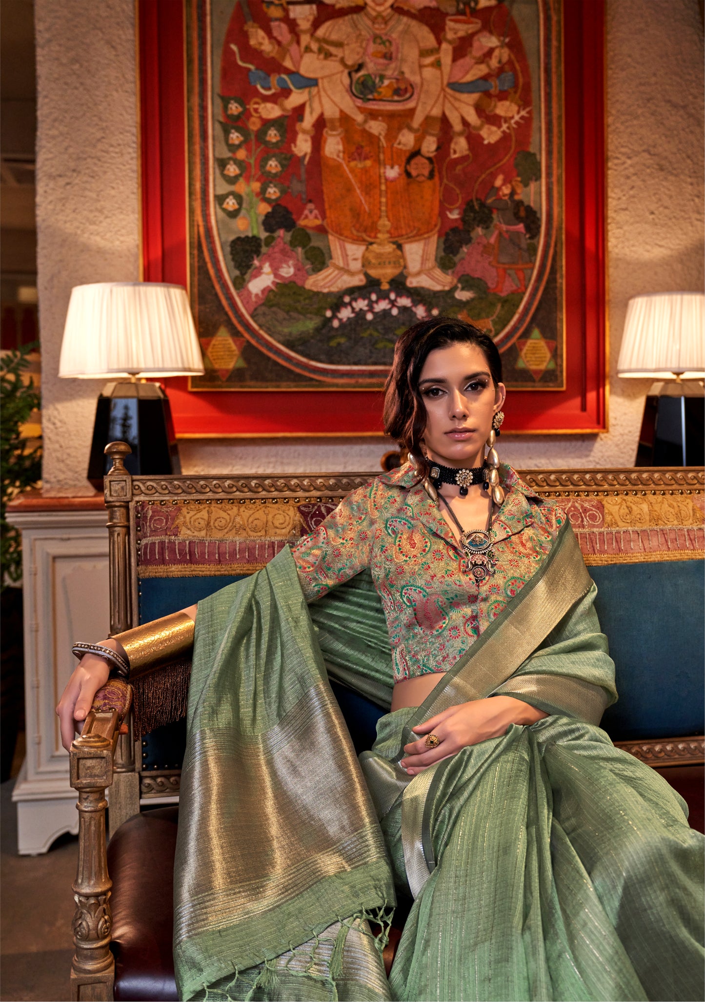 Olive Green Handwoven Moss Chiffon Saree with Heavy Jacquard Blouse