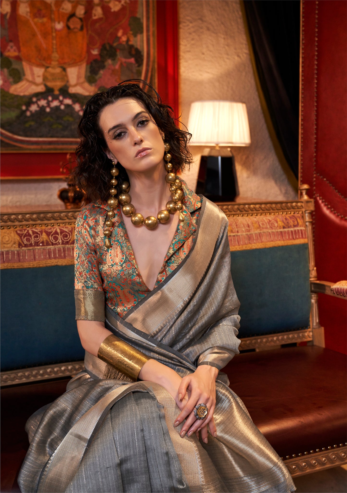 Steel Grey Handwoven Moss Chiffon Saree with Heavy Jacquard Blouse