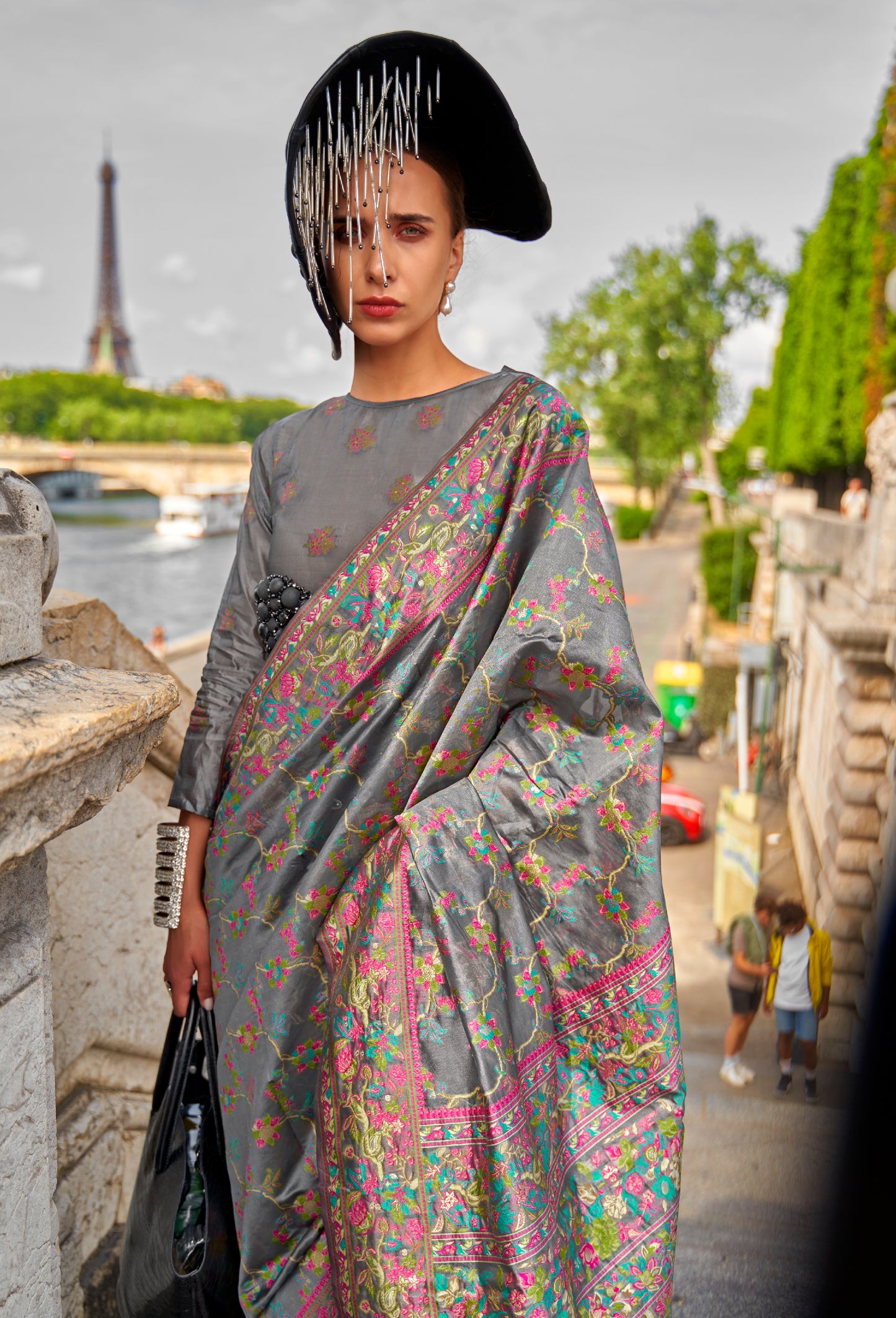 Grey Organza Parsi Handloom Weaving Saree