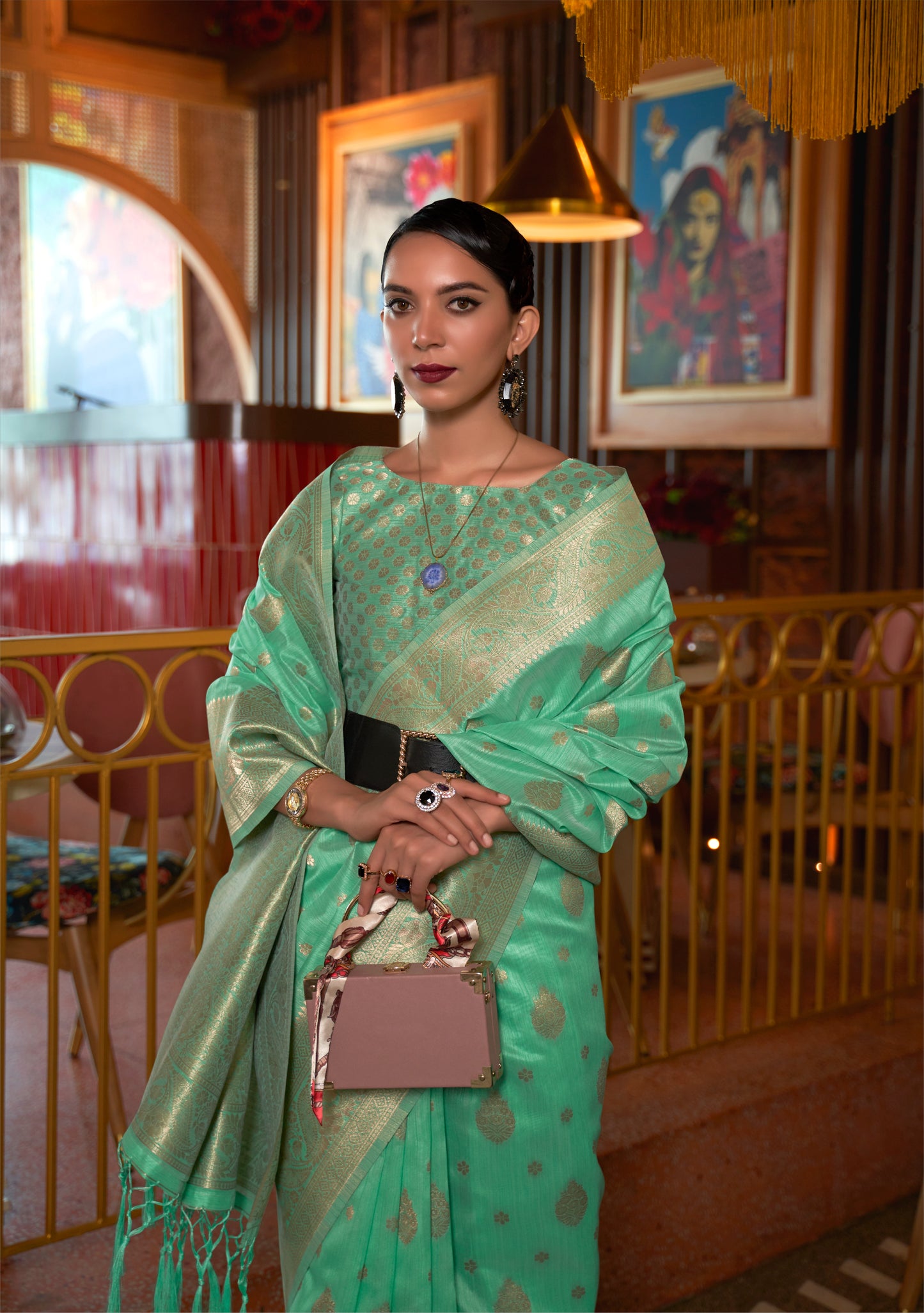 Aqua Green Tussar Silk Handloom Weaving Saree