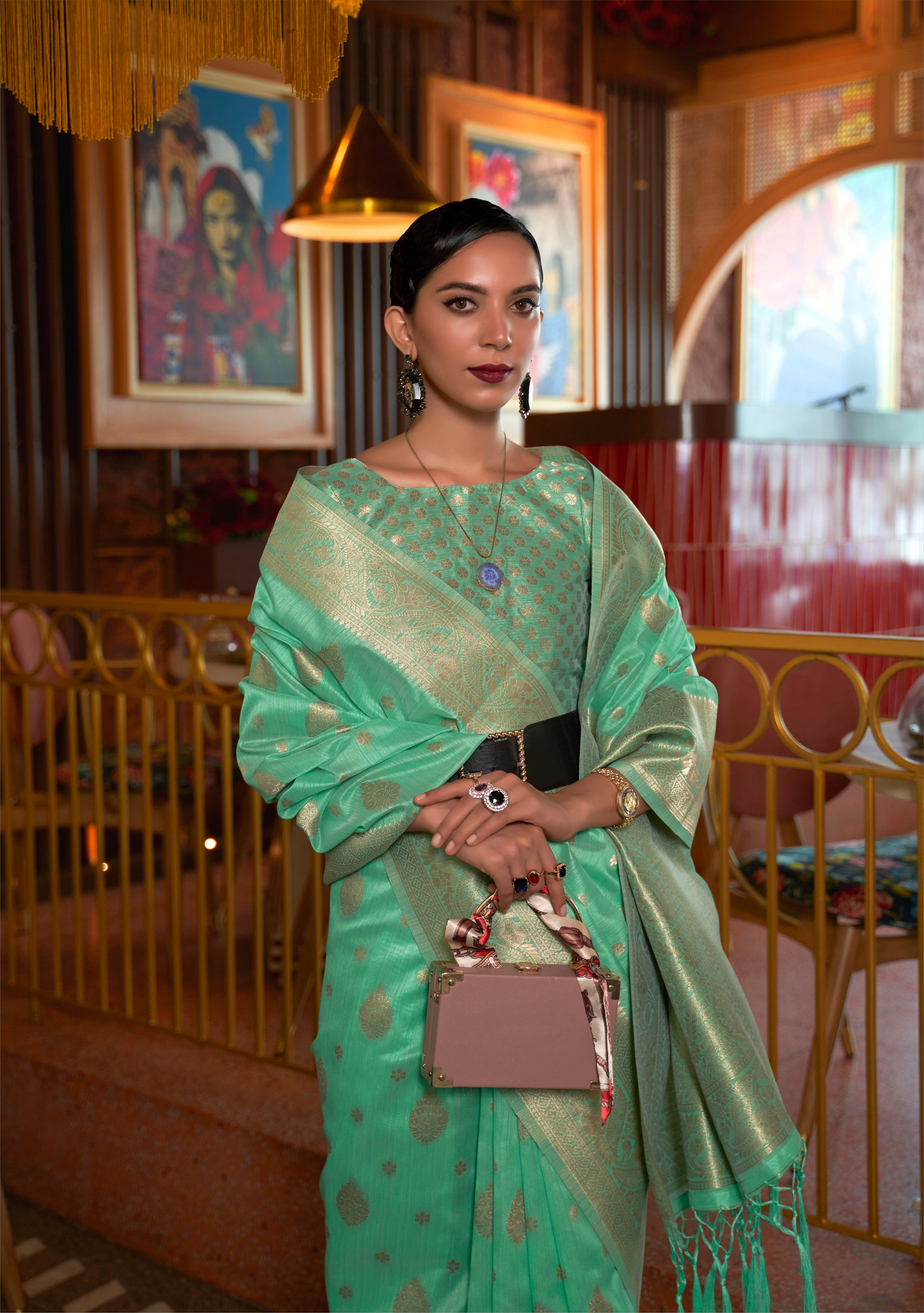 Aqua Green Tussar Silk Handloom Weaving Saree
