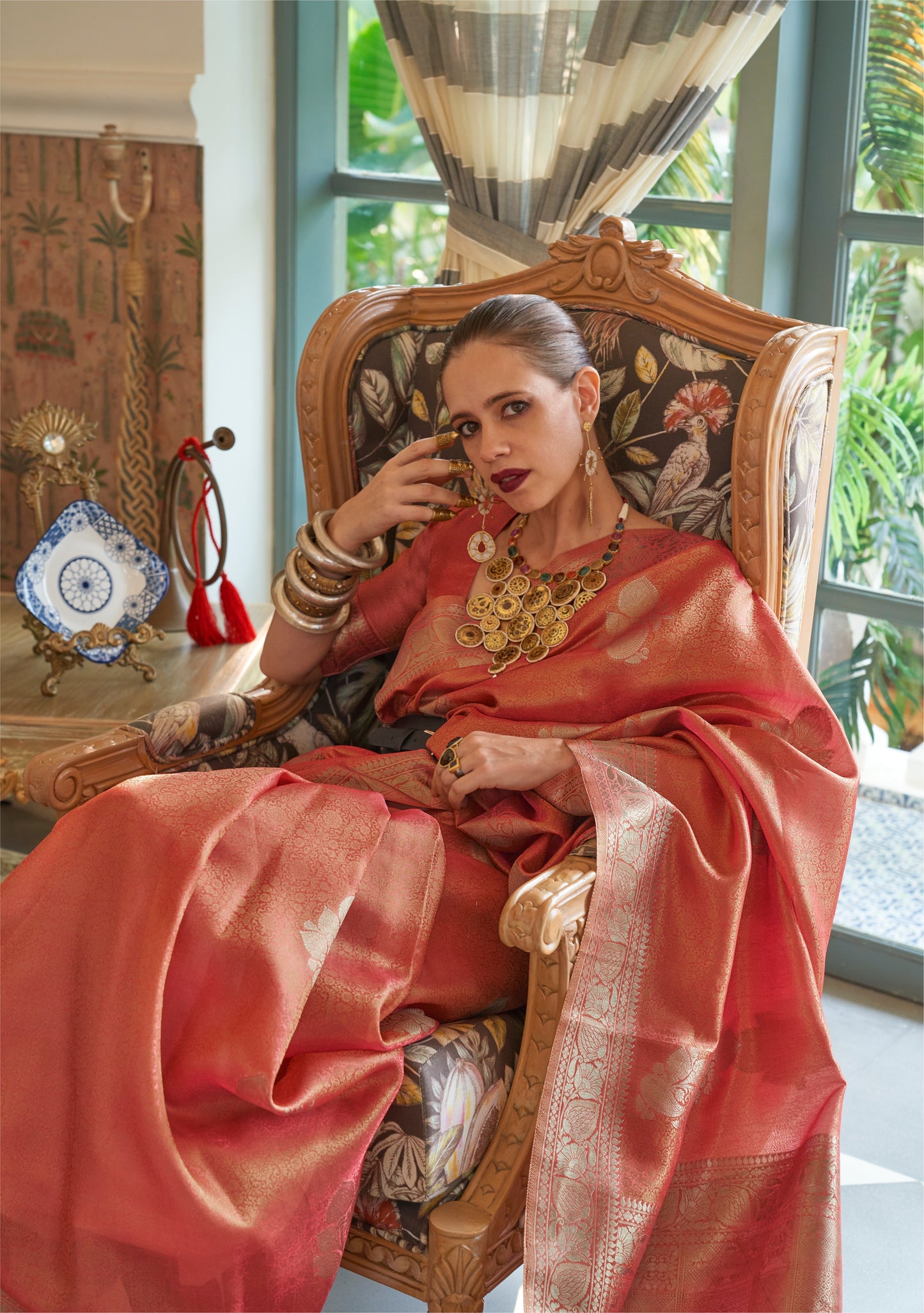 Peach Satin Tissue Nylon Handloom Weaving Silk Saree