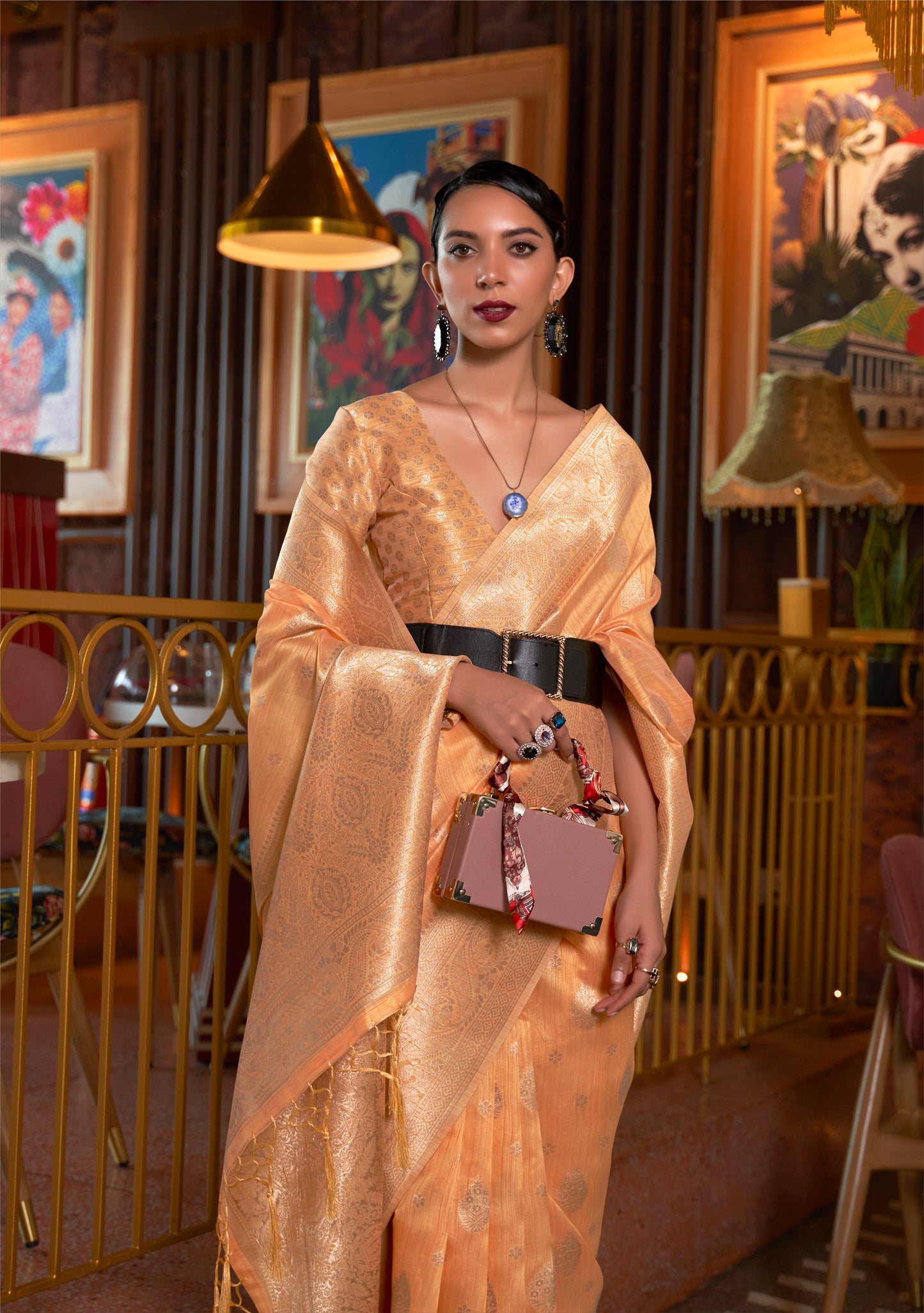 Pastel Orange Tussar Silk Handloom Weaving Saree