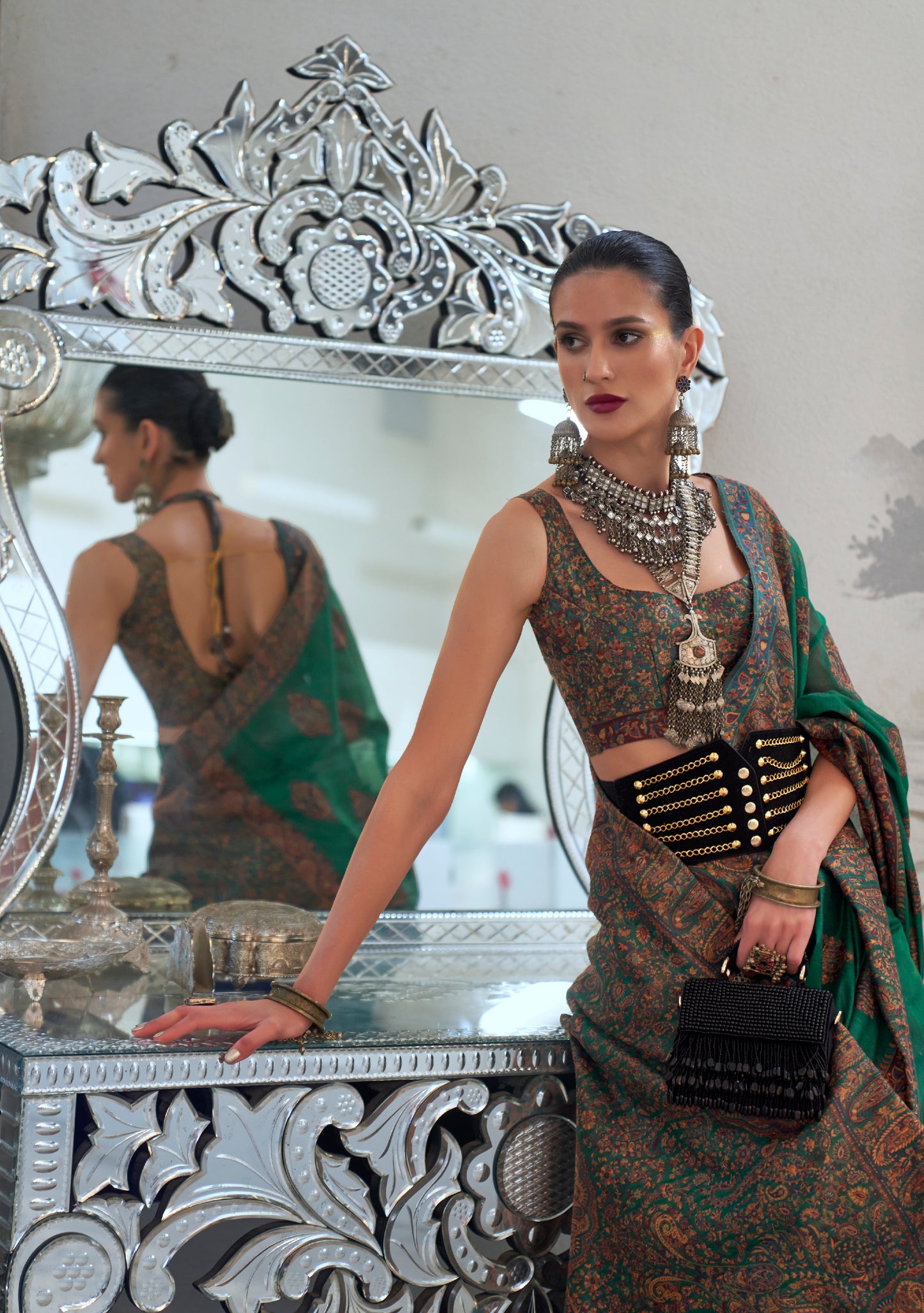 Green Modal Heavy Kashmiri Handloom Weaving Silk Saree