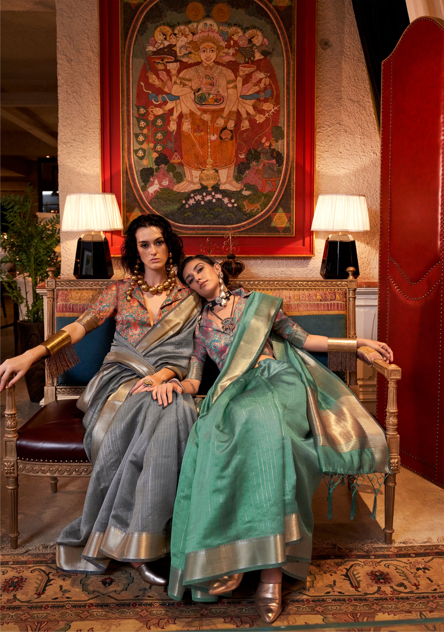 Steel Grey Handwoven Moss Chiffon Saree with Heavy Jacquard Blouse
