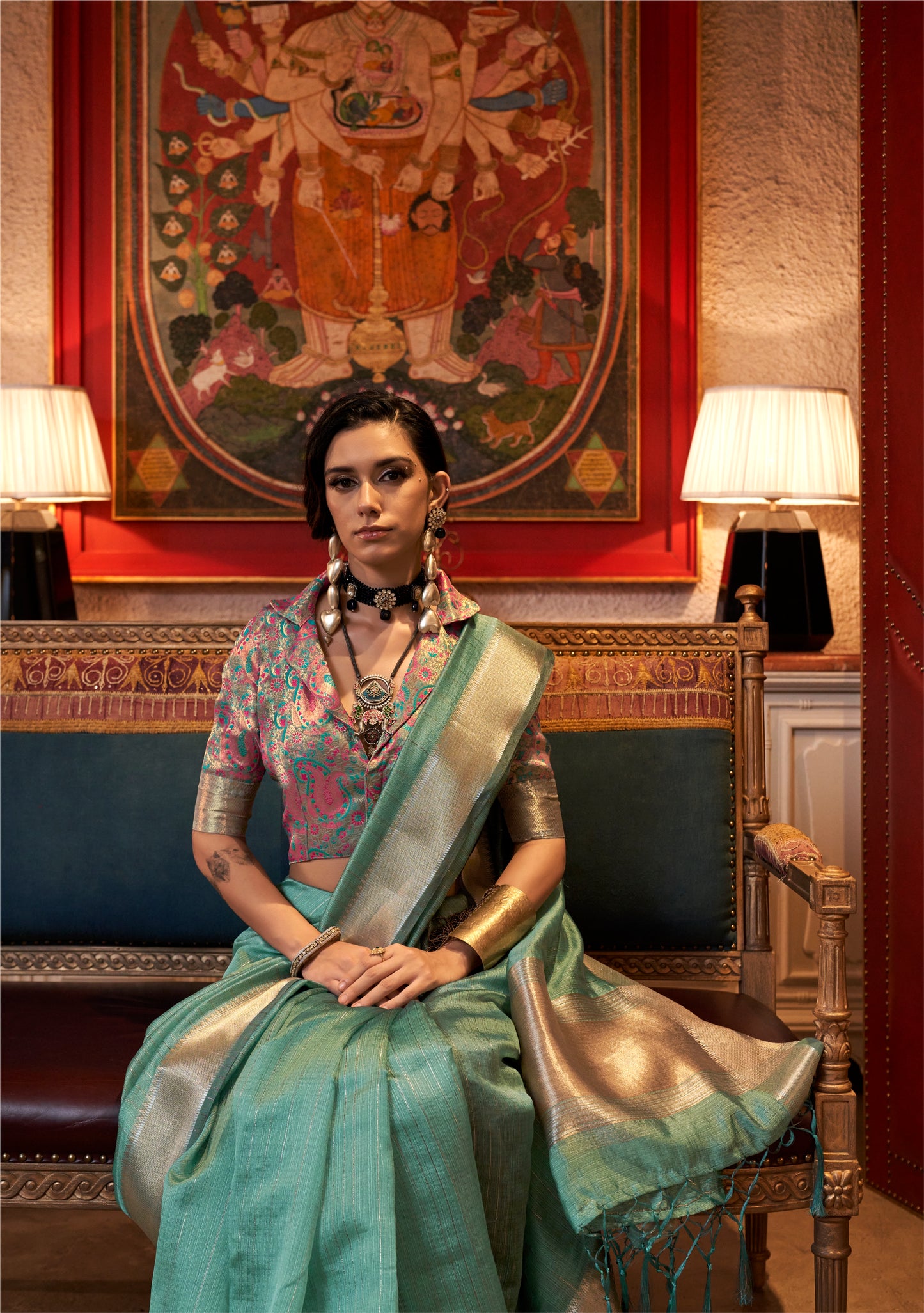Persian Green Handwoven Moss Chiffon Saree with Heavy Jacquard Blouse