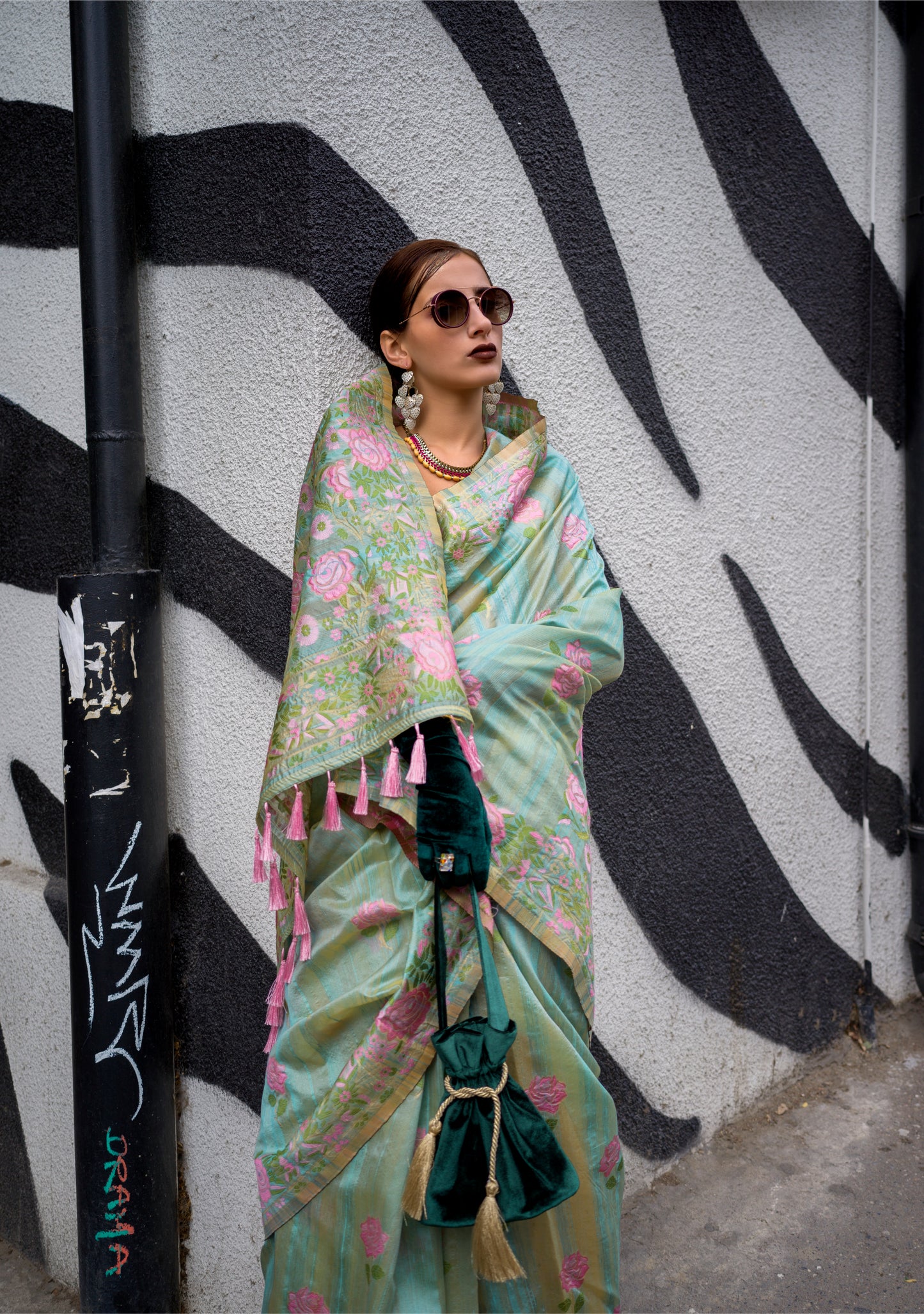 Soft Teal Parsi Weaving - Handwoven Textured Silk Saree
