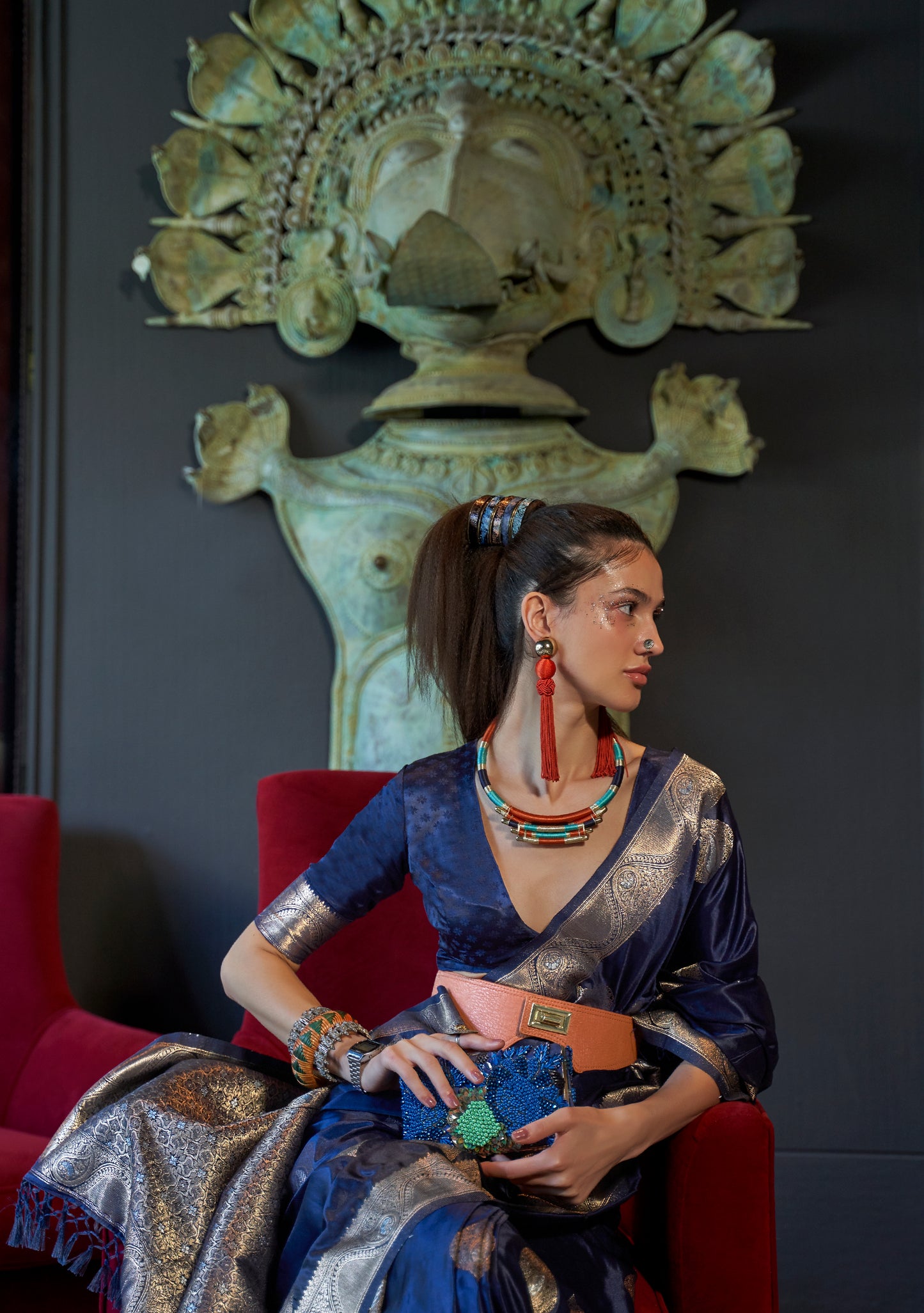 Blue Nylon Pure Satin Handloom Weaving Saree