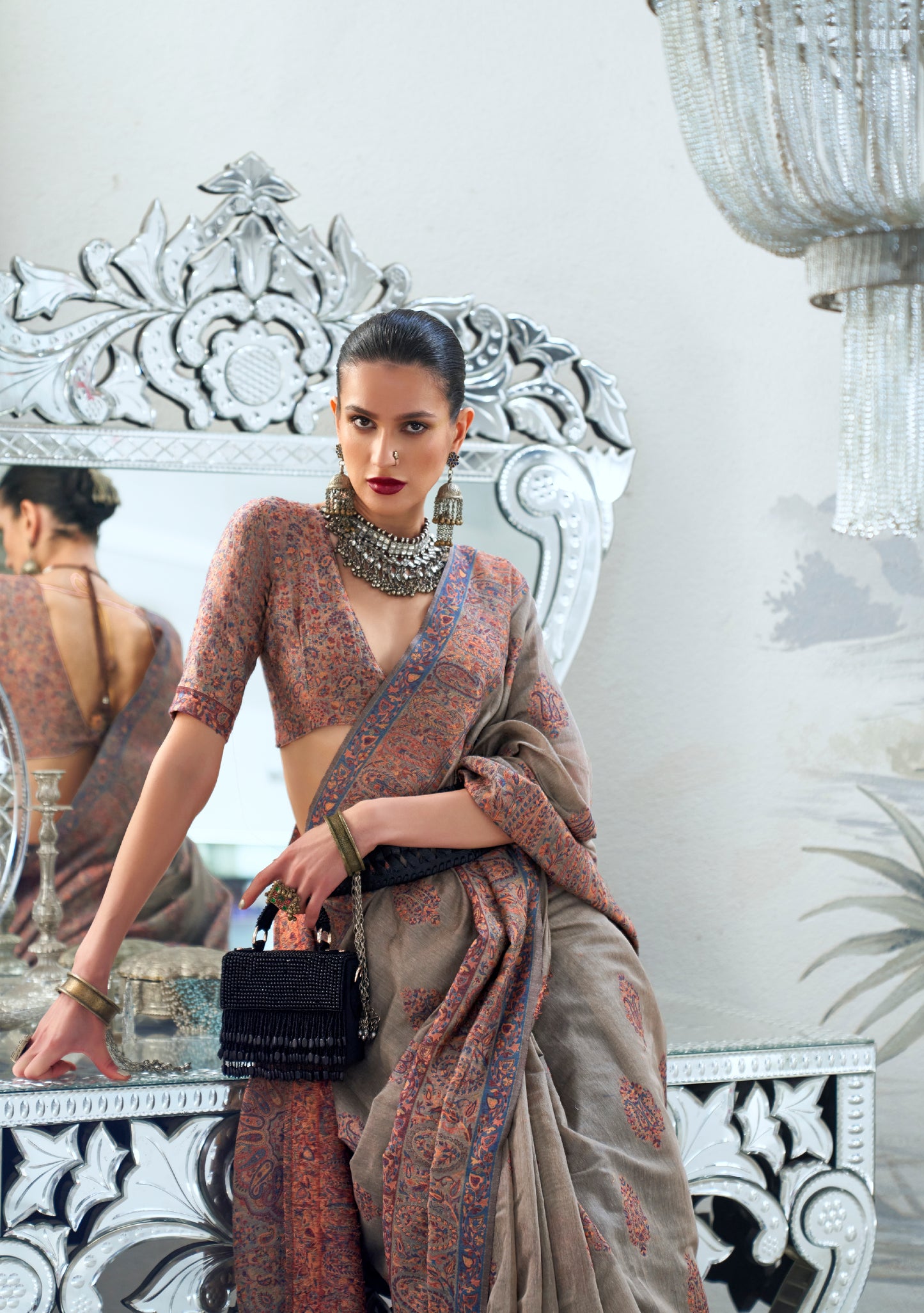 Grey Beige Modal Heavy Kashmiri Handloom Weaving Silk Saree