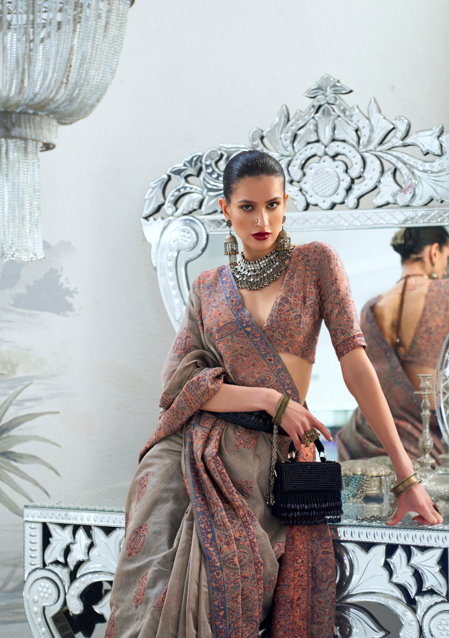 Grey Beige Modal Heavy Kashmiri Handloom Weaving Silk Saree