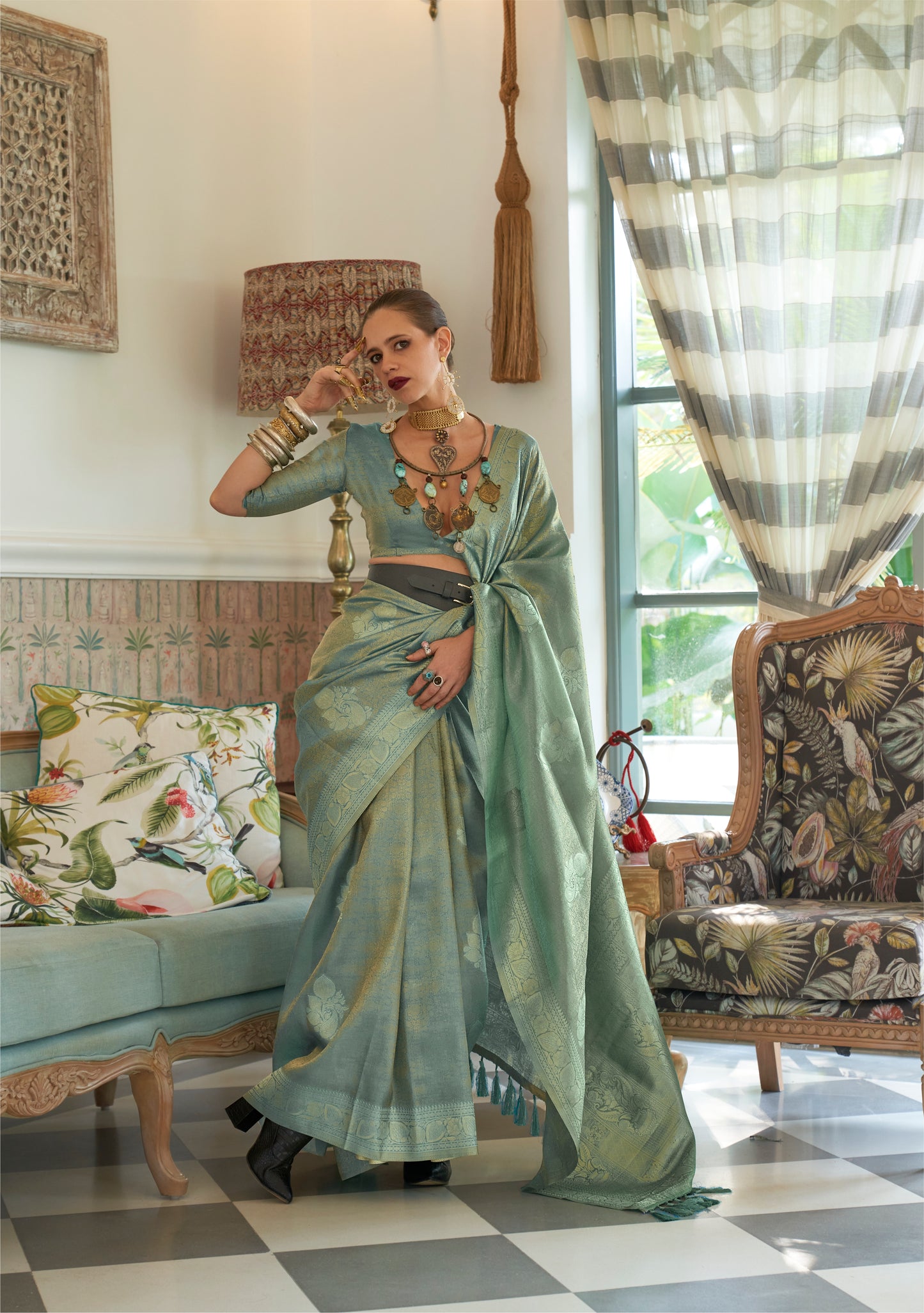 Teal Green Satin Tissue Nylon Handloom Weaving Silk Saree