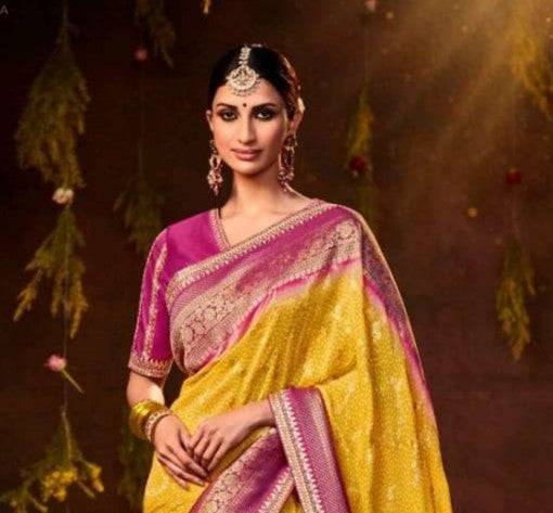 Yellow & Pink Bandhej Silk Saree
