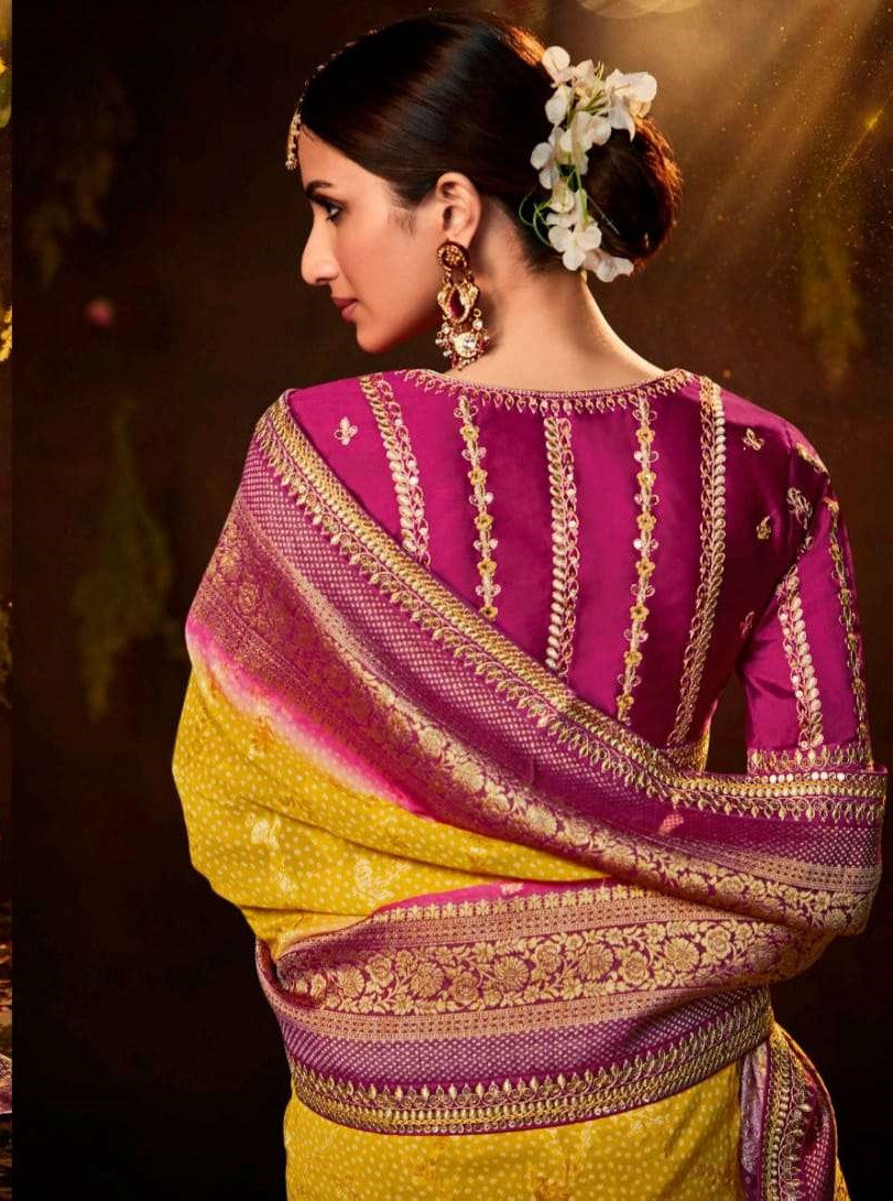 Yellow & Pink Bandhej Silk Saree