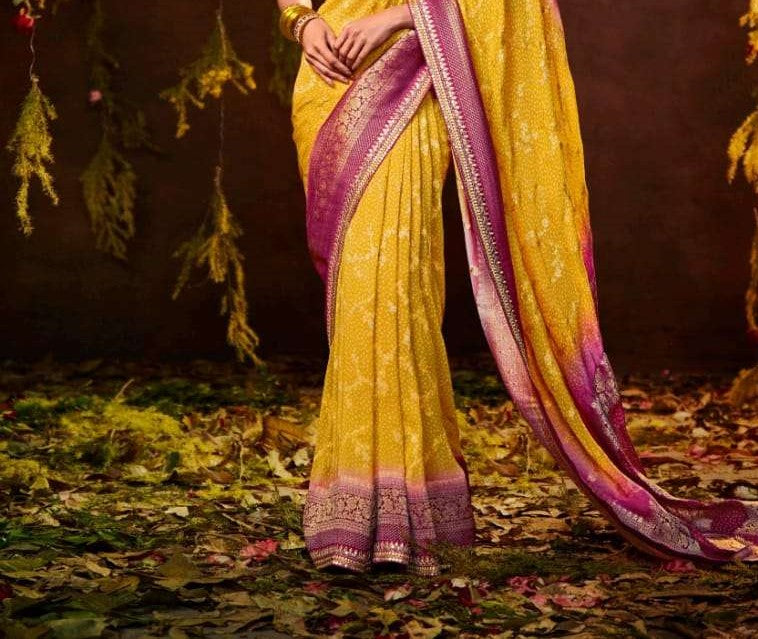 Yellow & Pink Bandhej Silk Saree