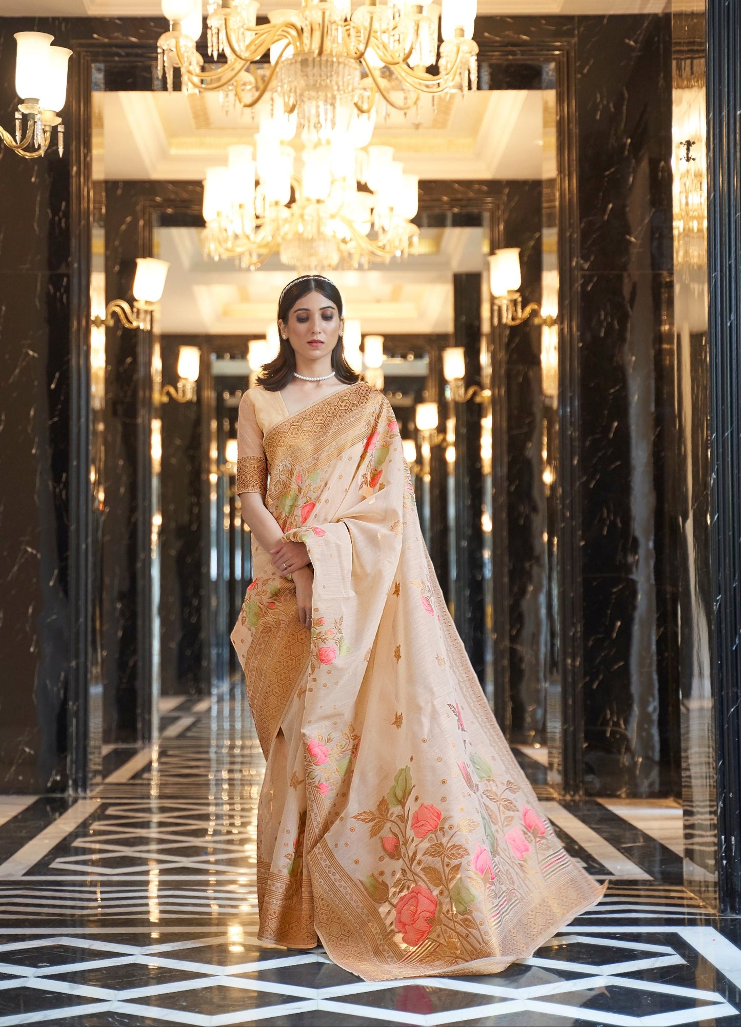 Pastel Beige Pure Linen Weaving Saree
