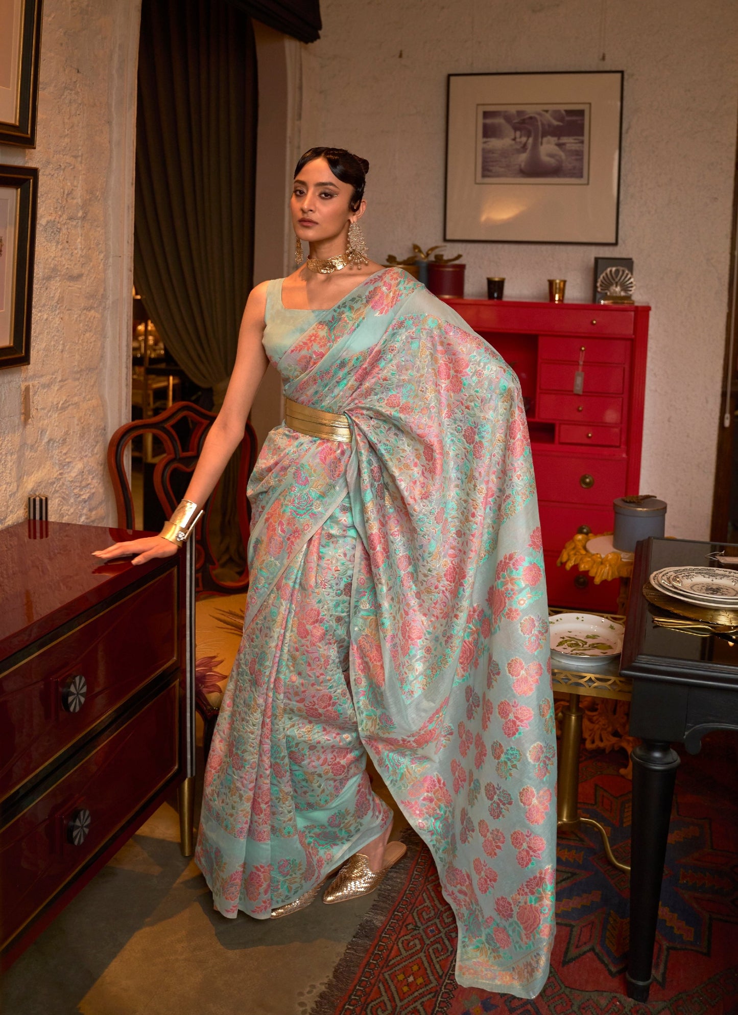 Pastel Blue Kashmiri Modal Handloom Weaving Silk Saree