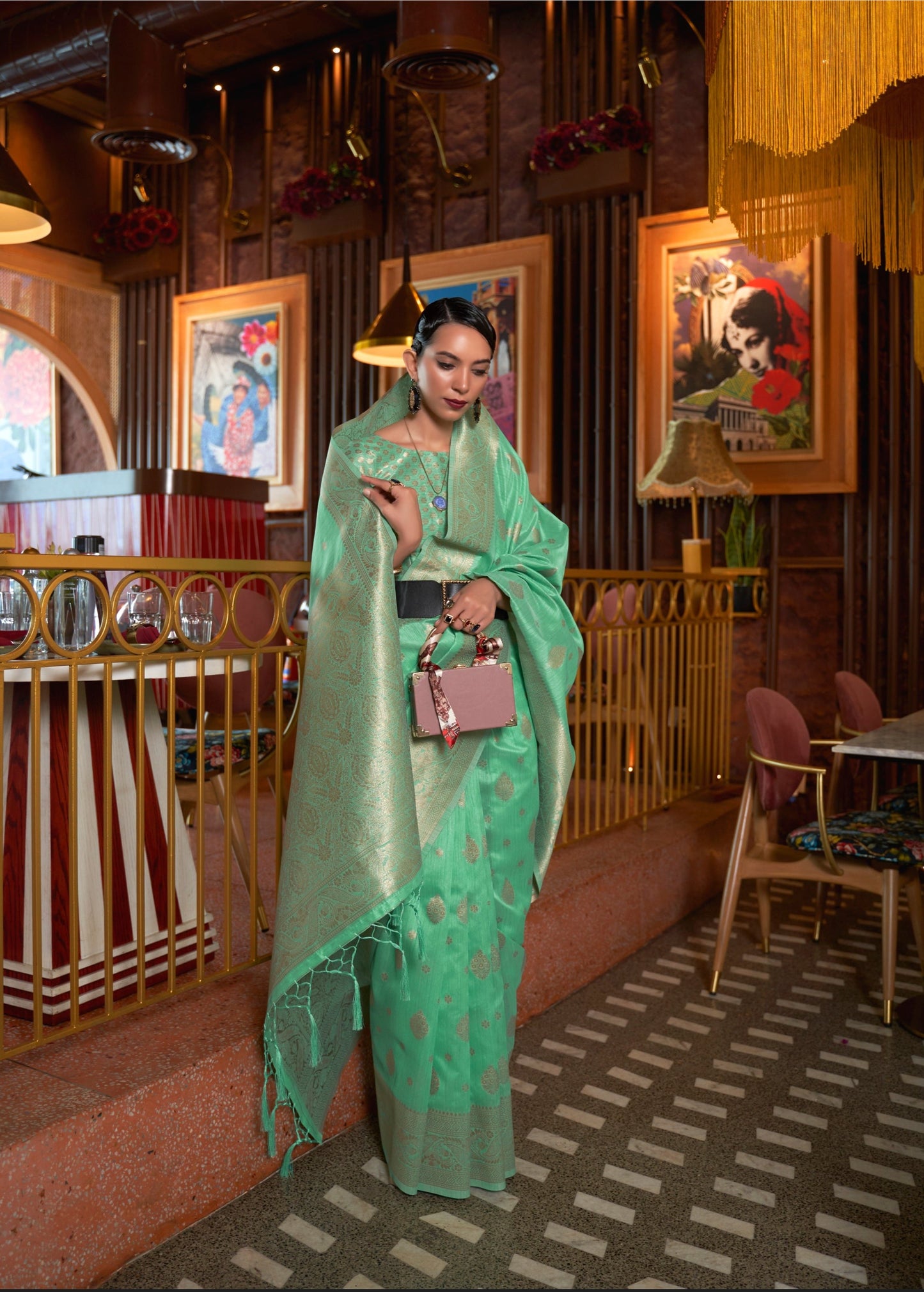 Aqua Green Tussar Silk Handloom Weaving Saree