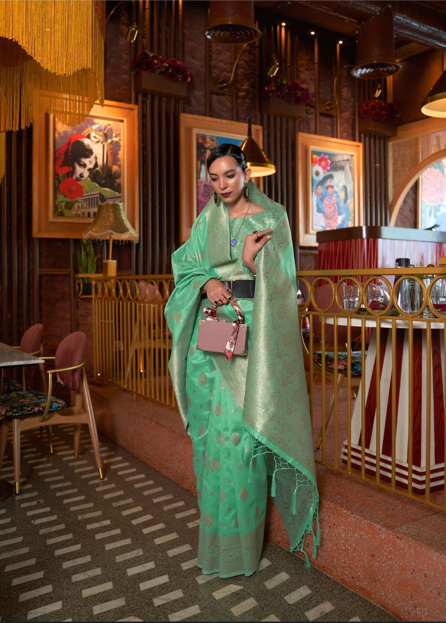 Aqua Green Tussar Silk Handloom Weaving Saree