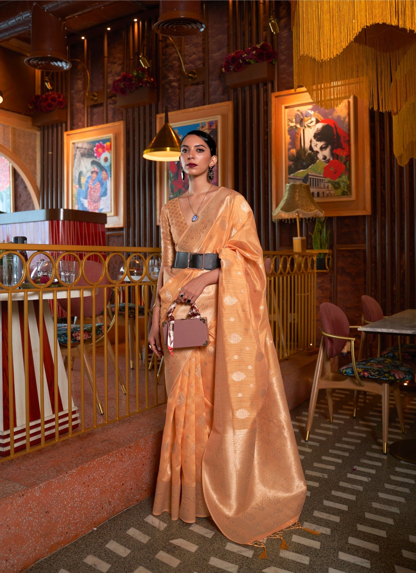 Pastel Orange Tussar Silk Handloom Weaving Saree