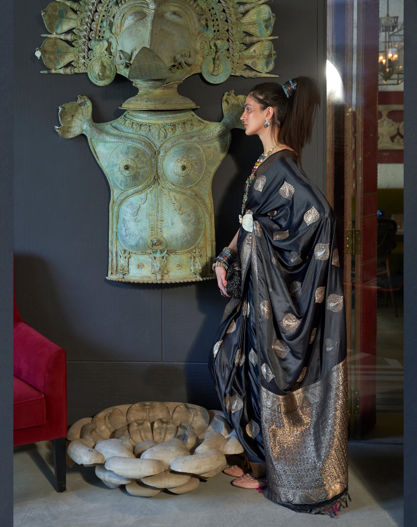 Black Nylon Pure Satin Handloom Weaving Saree