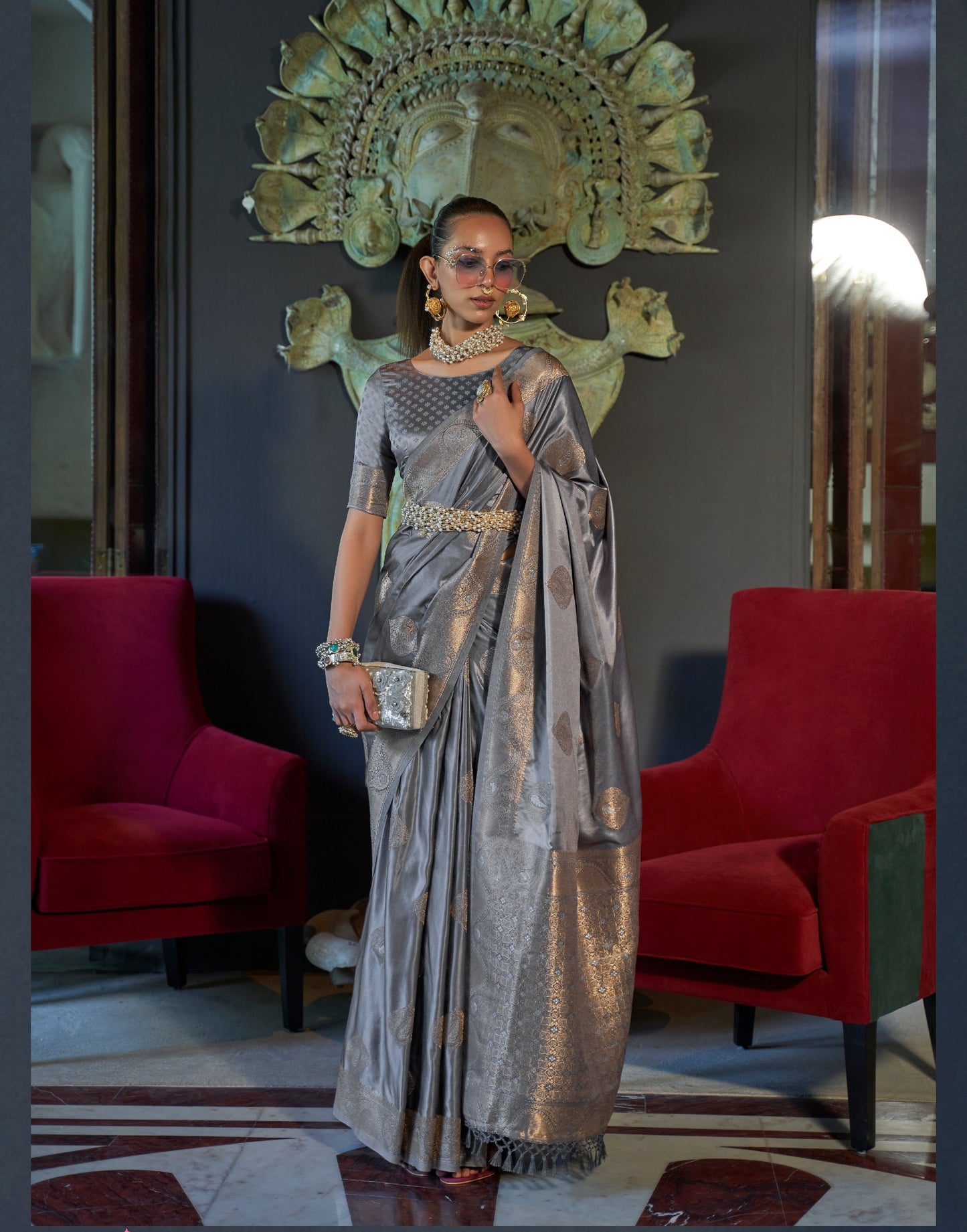 Silver Grey Nylon Pure Satin Handloom Weaving Saree