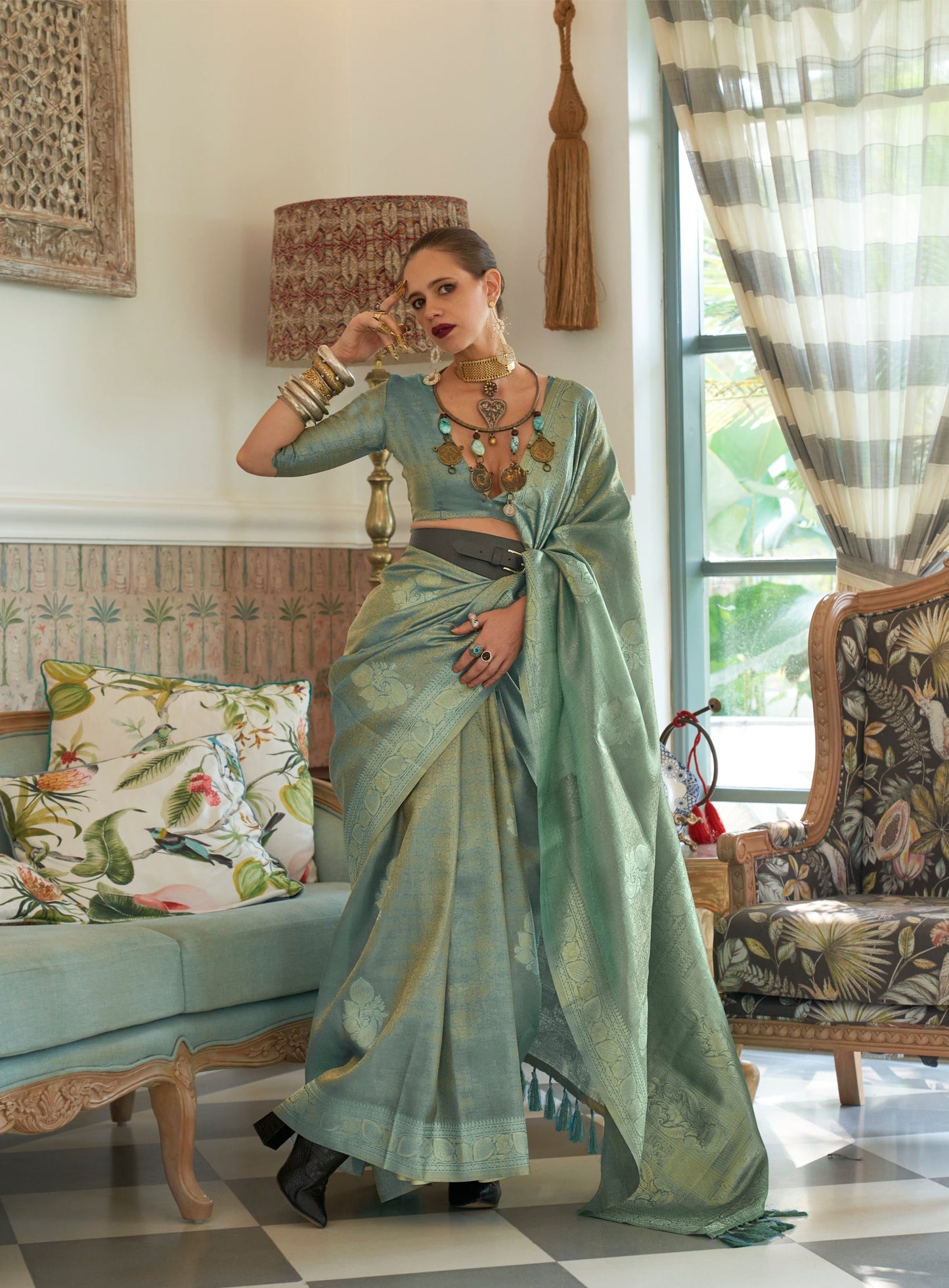 Teal Green Satin Tissue Nylon Handloom Weaving Silk Saree
