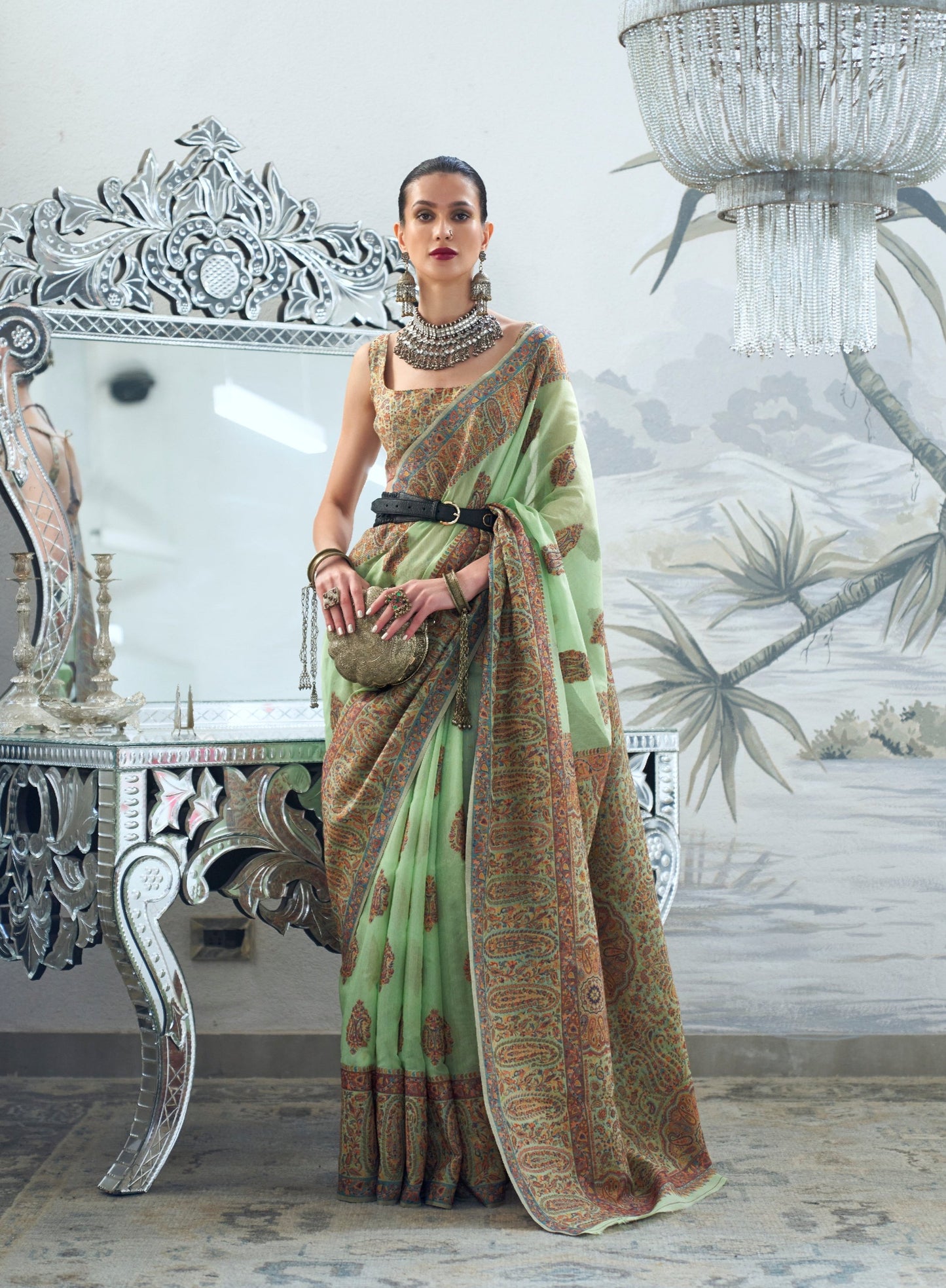 Pastel Green Modal Heavy Kashmiri Handloom Weaving Silk Saree