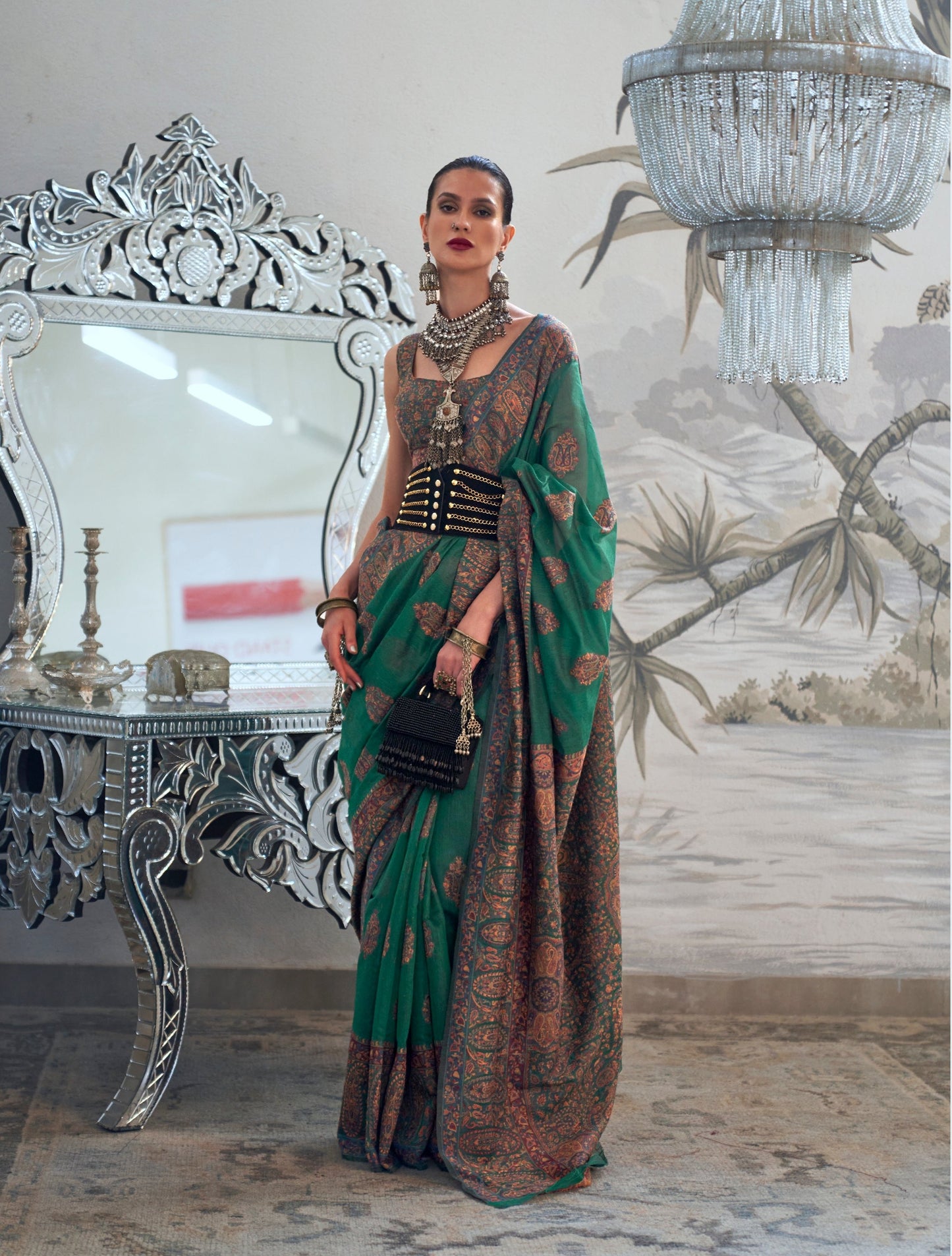 Green Modal Heavy Kashmiri Handloom Weaving Silk Saree