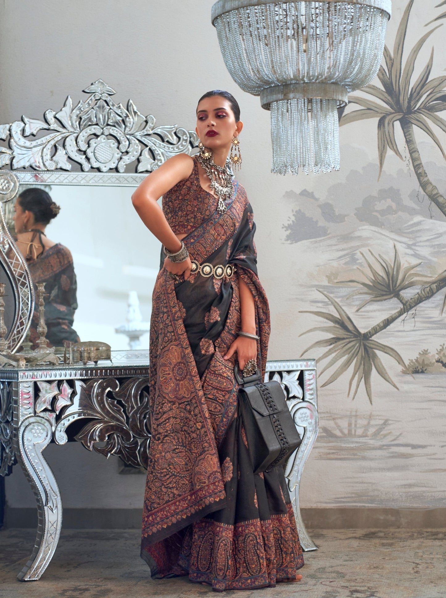 Black Modal Heavy Kashmiri Handloom Weaving Silk Saree