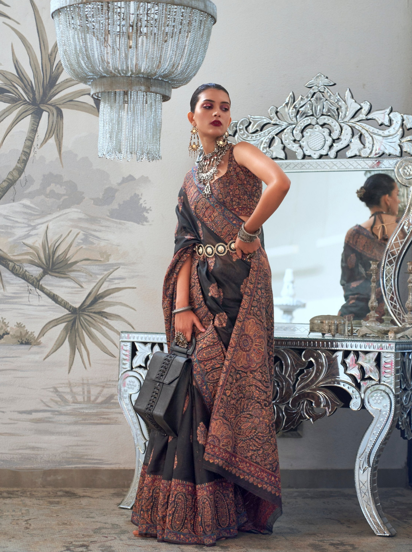 Black Modal Heavy Kashmiri Handloom Weaving Silk Saree