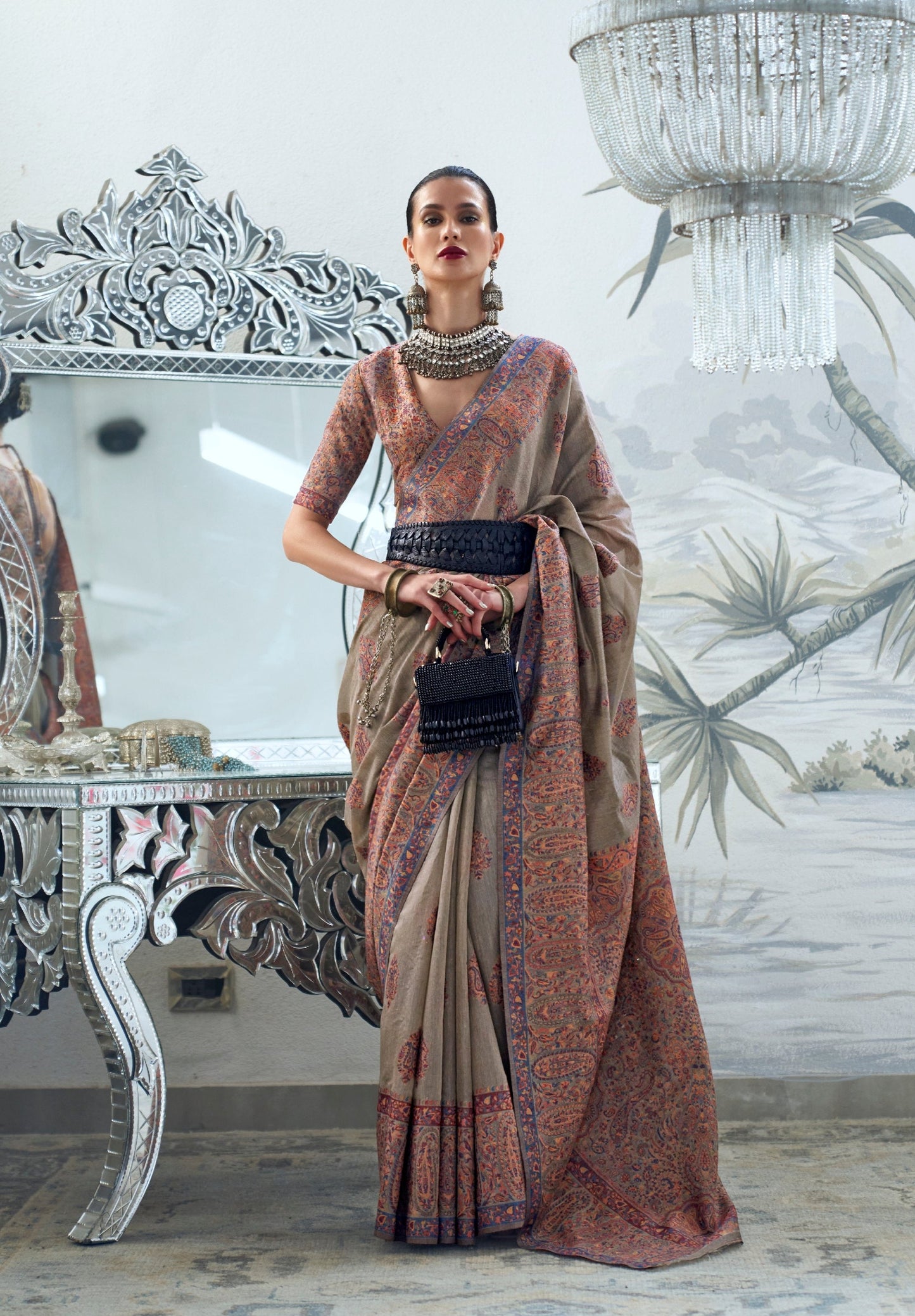 Grey Beige Modal Heavy Kashmiri Handloom Weaving Silk Saree