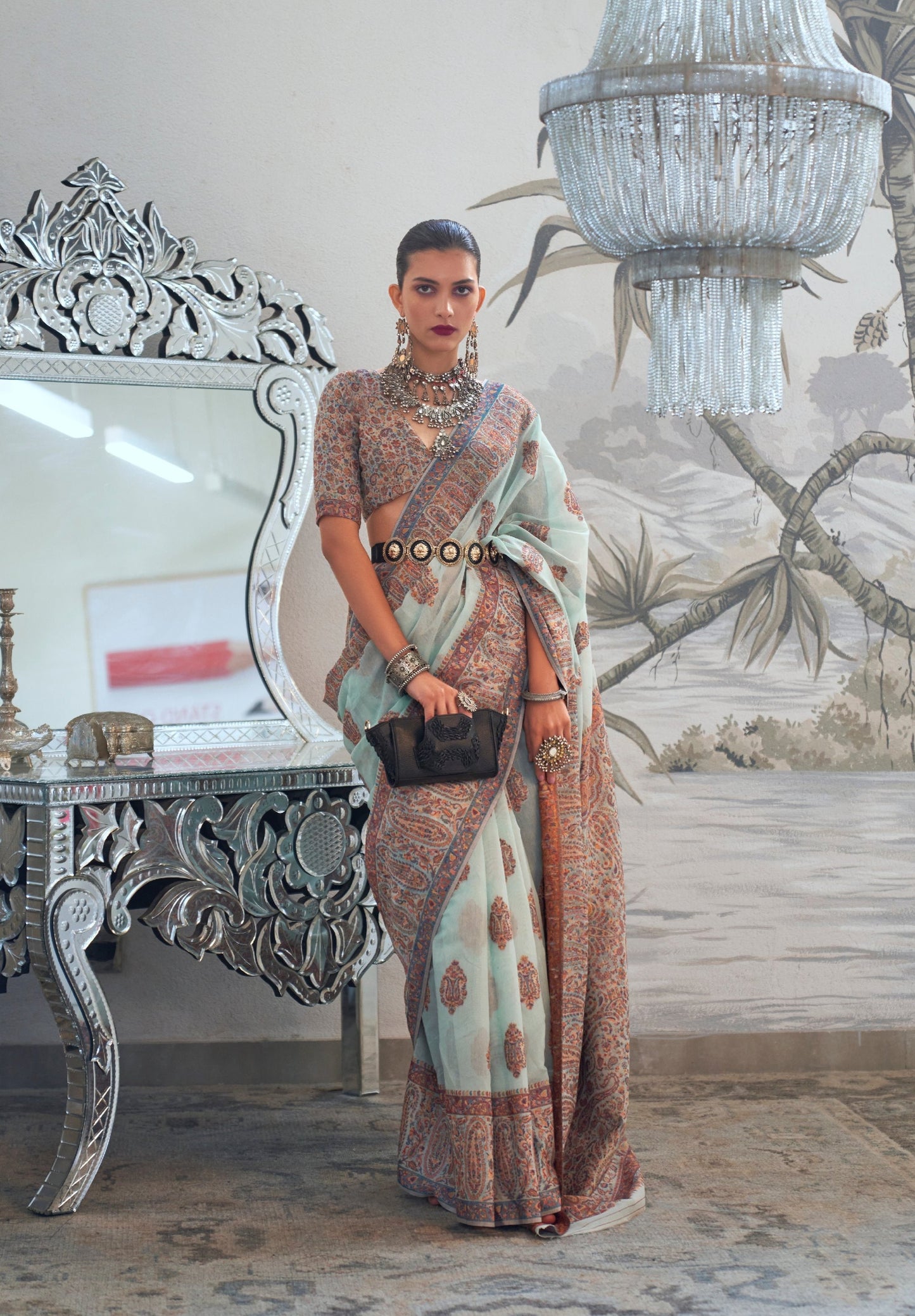 Pastel Sky Blue Modal Heavy Kashmiri Handloom Weaving Silk Saree