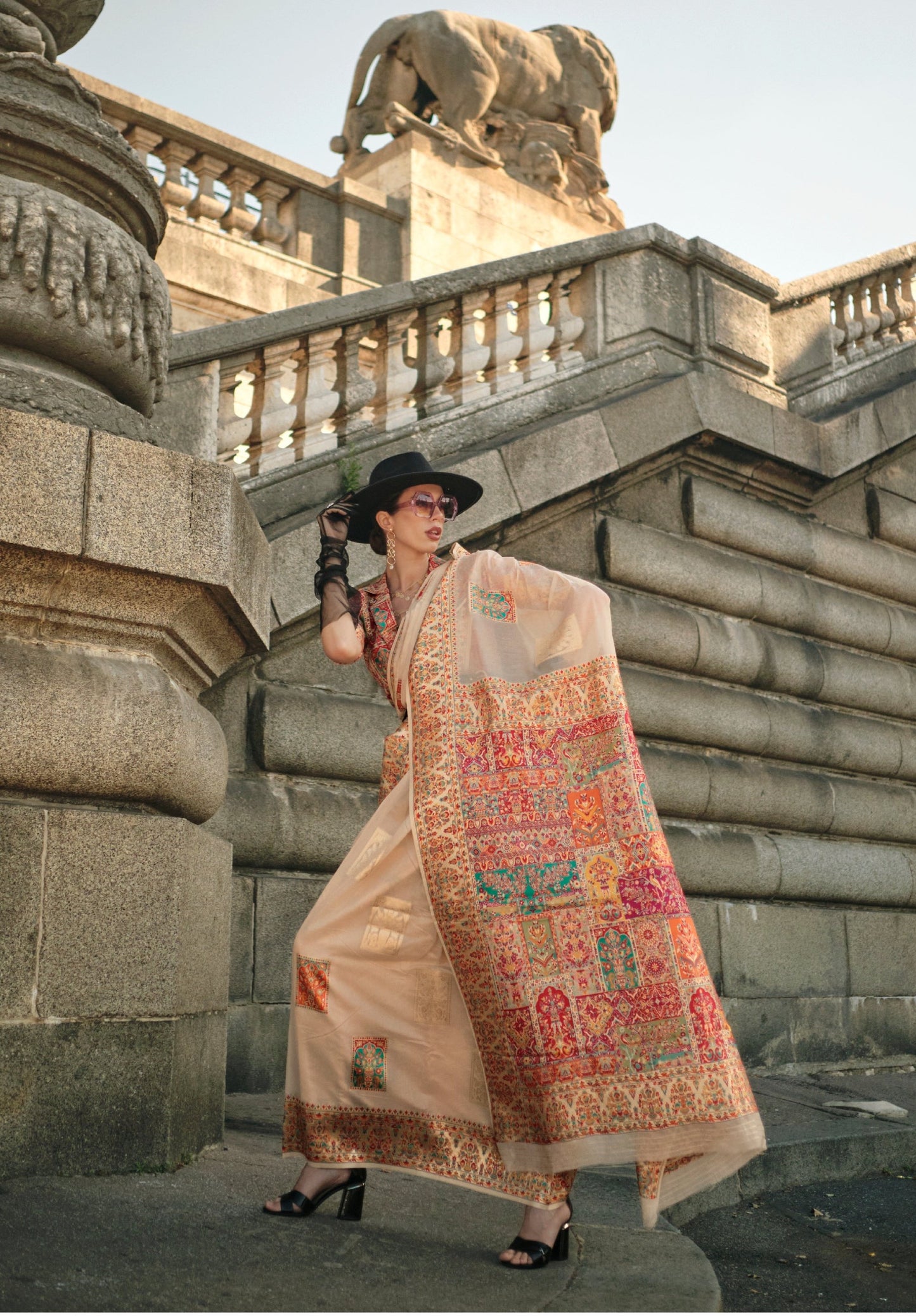 Beige Cream Kashmiri Modal Handloom Silk Weaving Saree