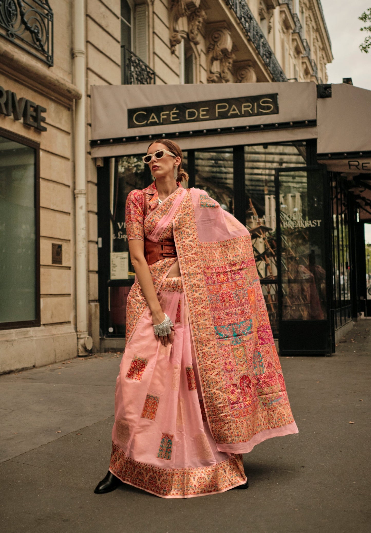 Peach Kashmiri Modal Handloom Silk Weaving Saree