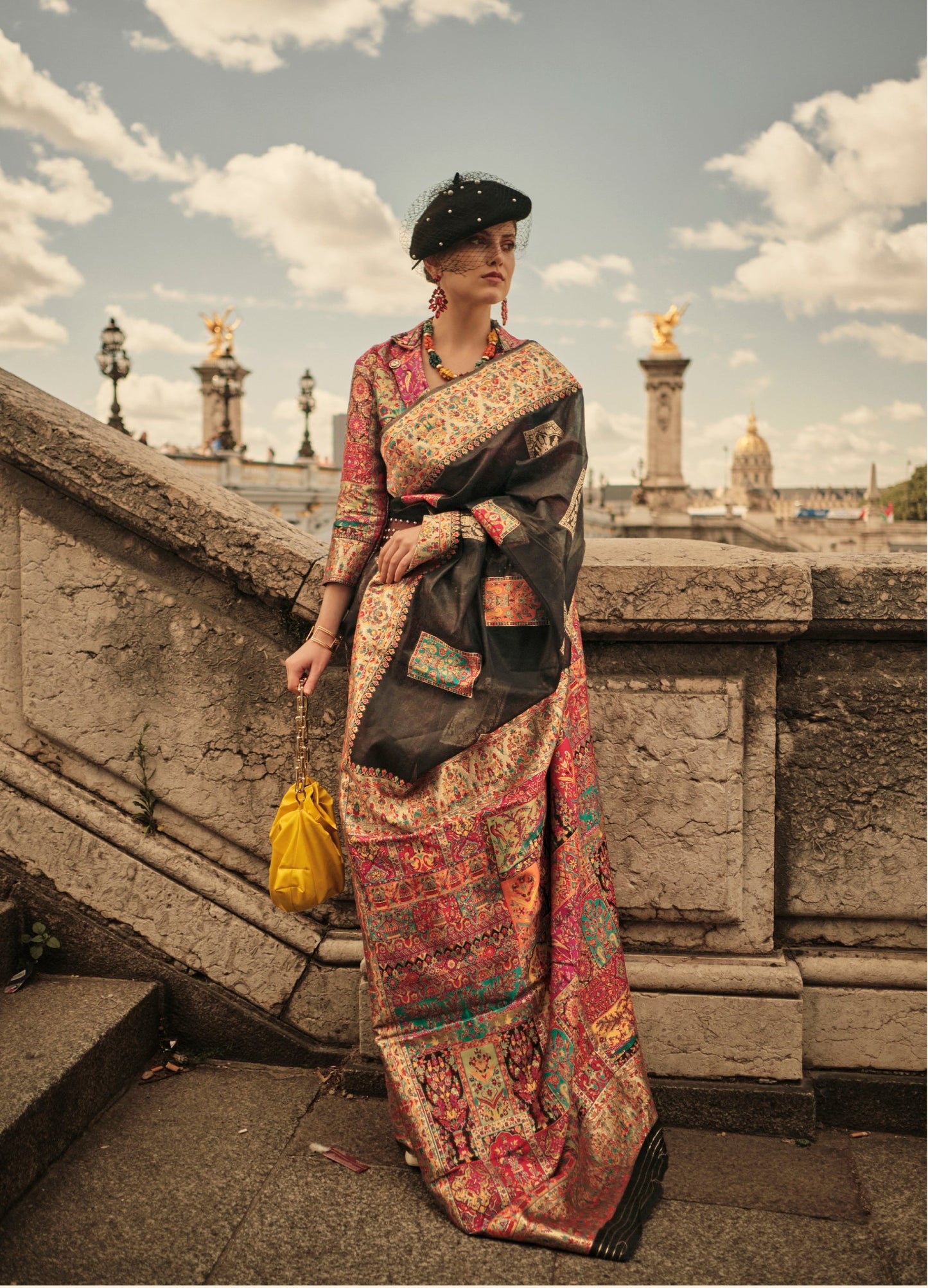 Black Kashmiri Modal Handloom Silk Weaving Saree
