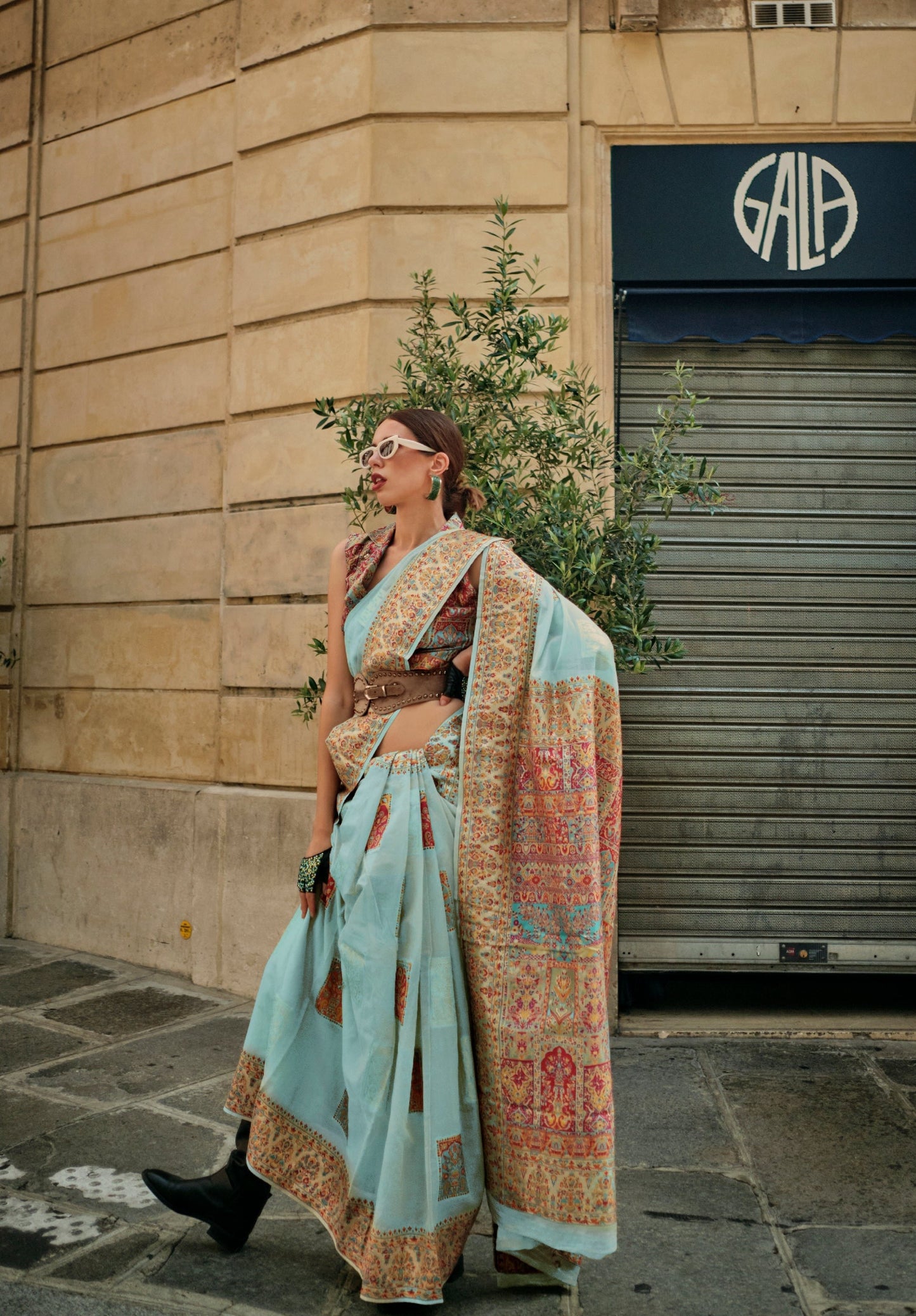 Sky Blue Kashmiri Modal Handloom Silk Weaving Saree