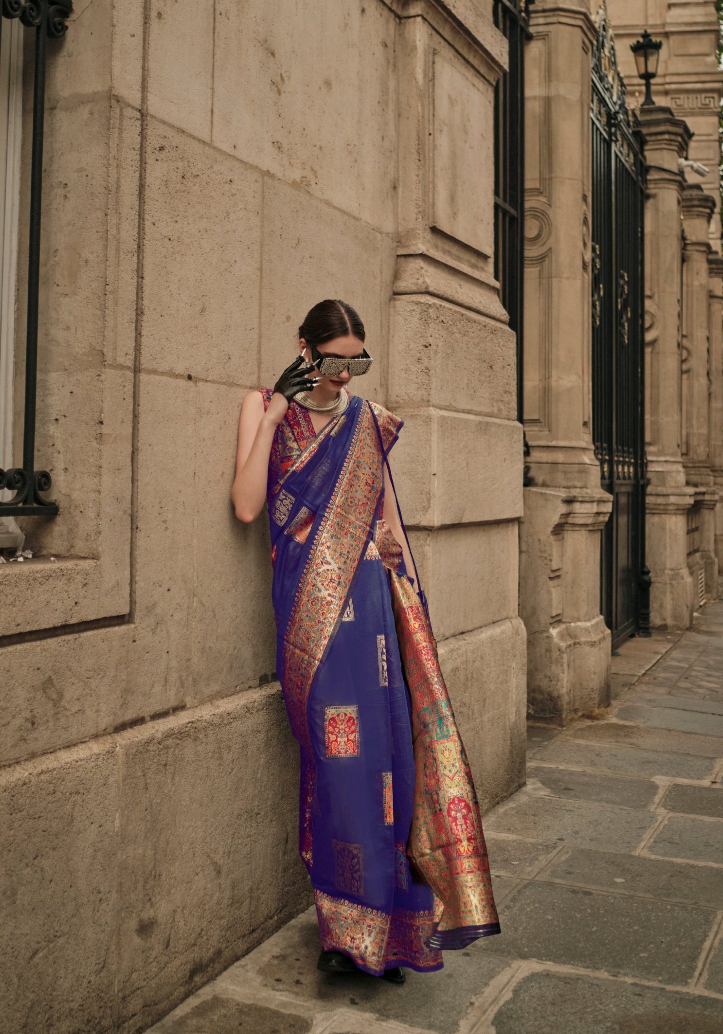 Blue Kashmiri Modal Handloom Silk Weaving Saree