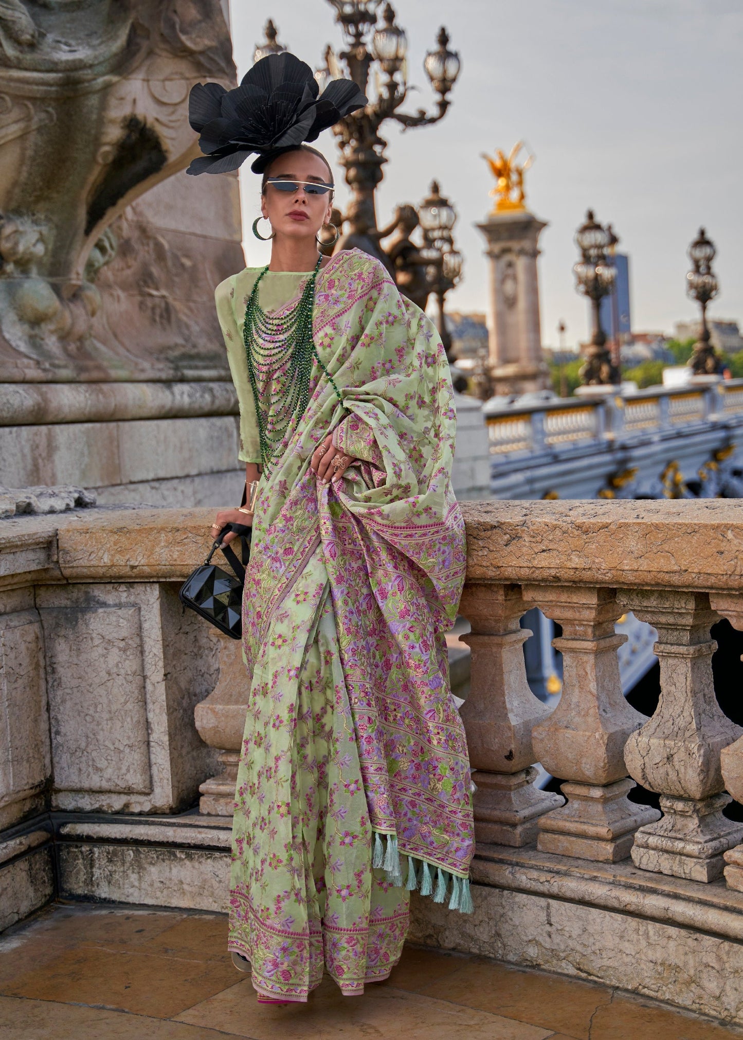 Pistachio Green Organza Parsi Handloom Weaving Saree