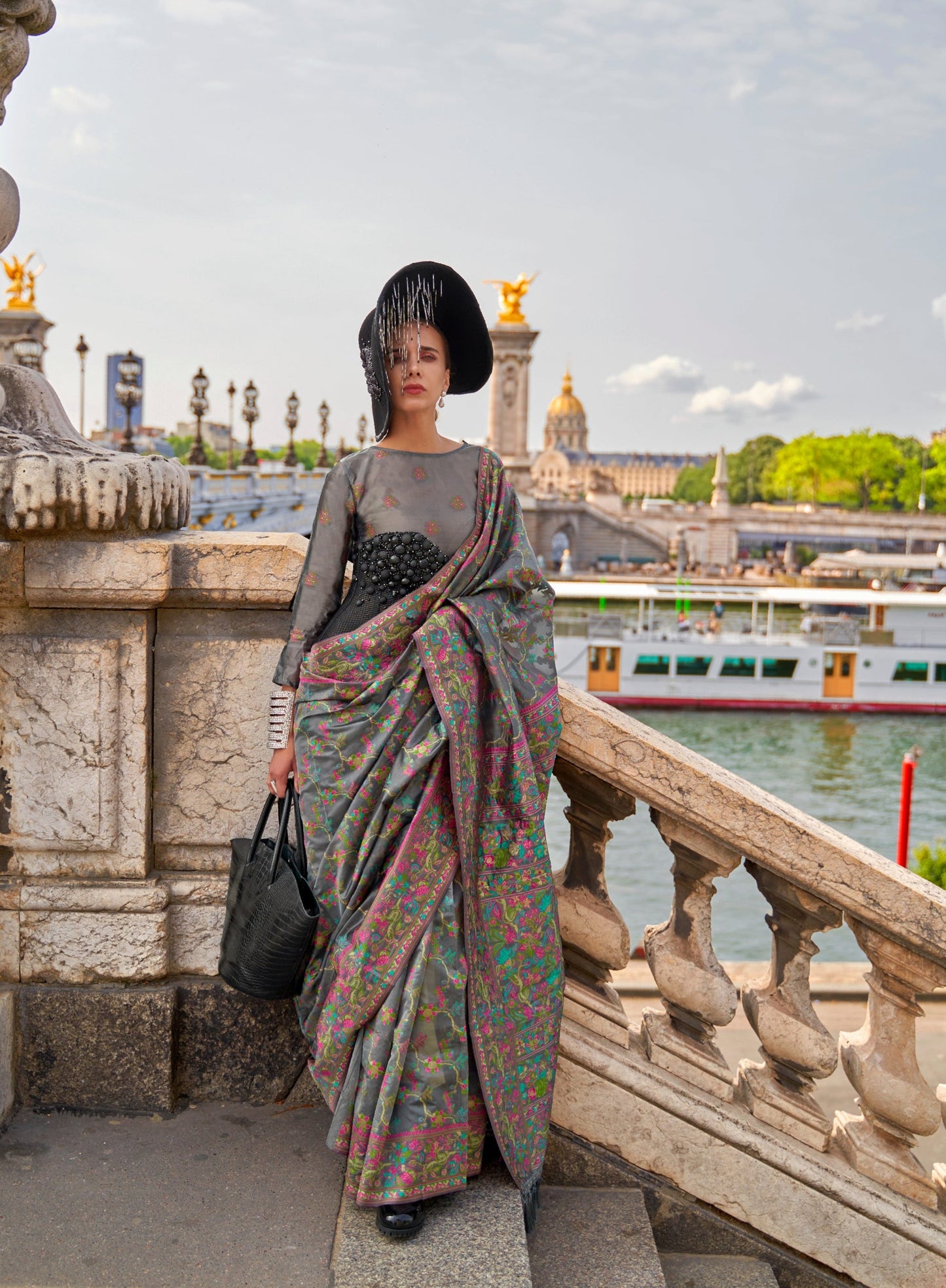Grey Organza Parsi Handloom Weaving Saree