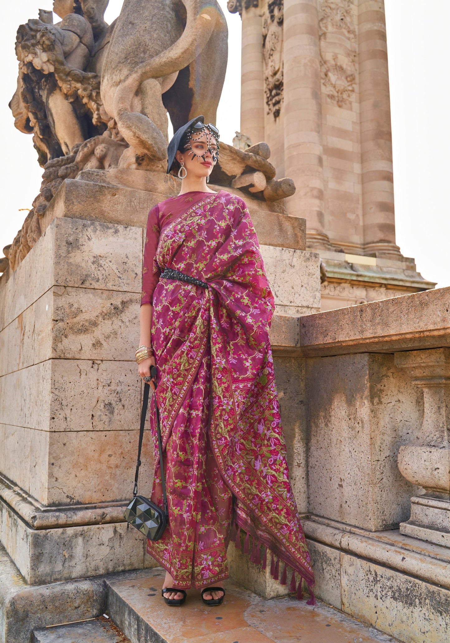 Mauve Pink Organza Parsi Handloom Weaving Saree