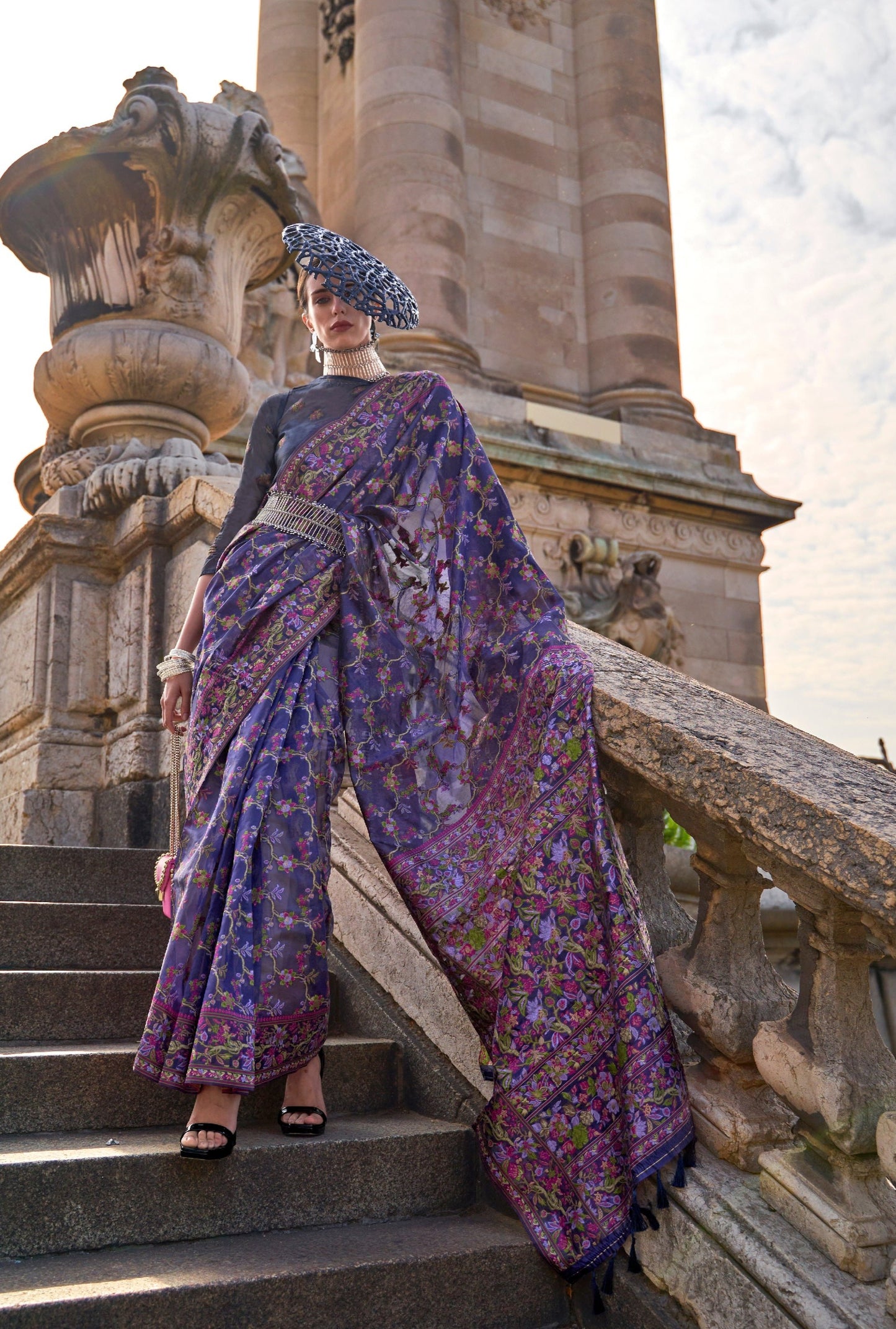 Blue Organza Parsi Handloom Weaving Saree