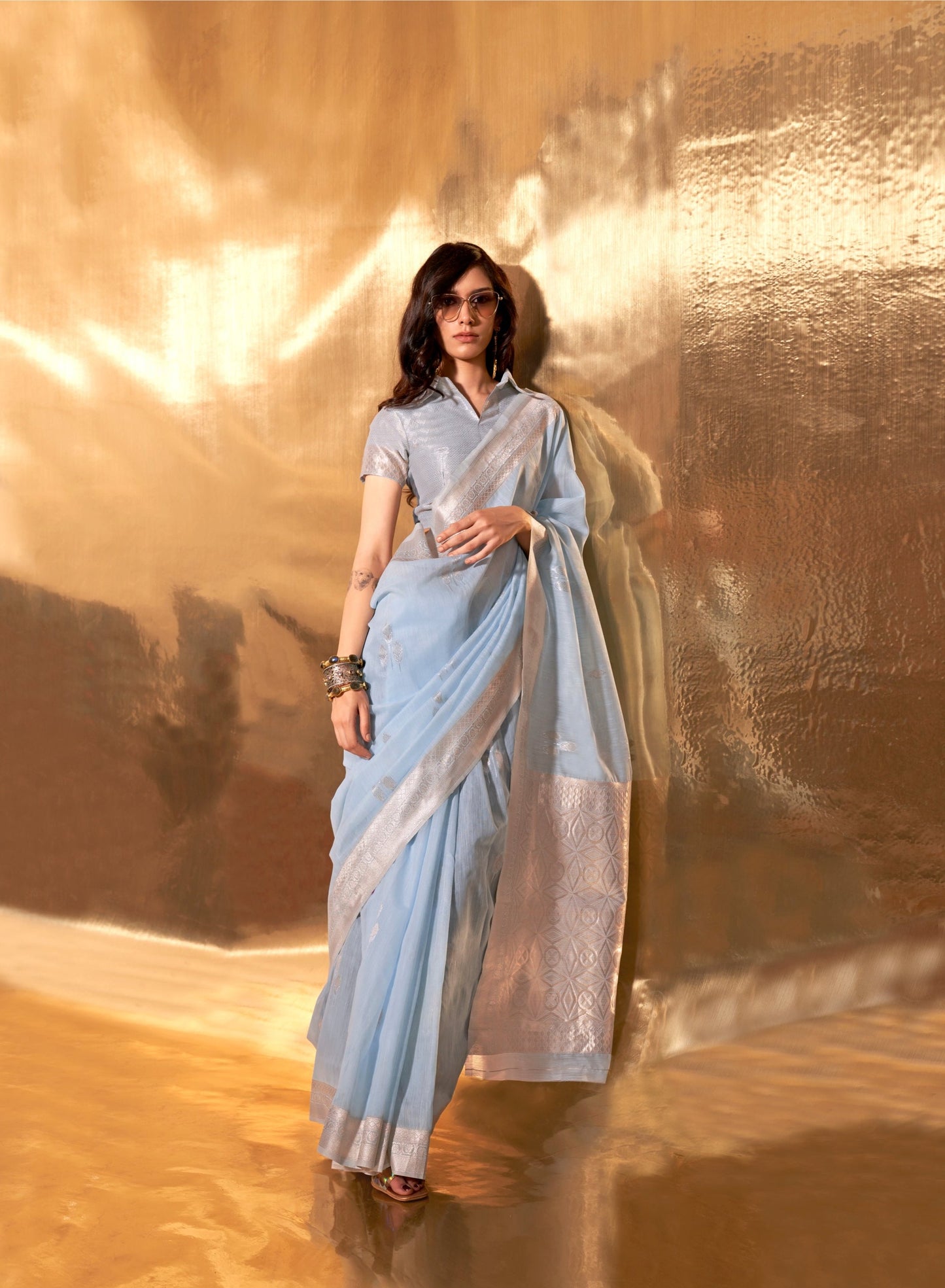 Pastel Sky Blue Handloom Linen Weaving Sarees