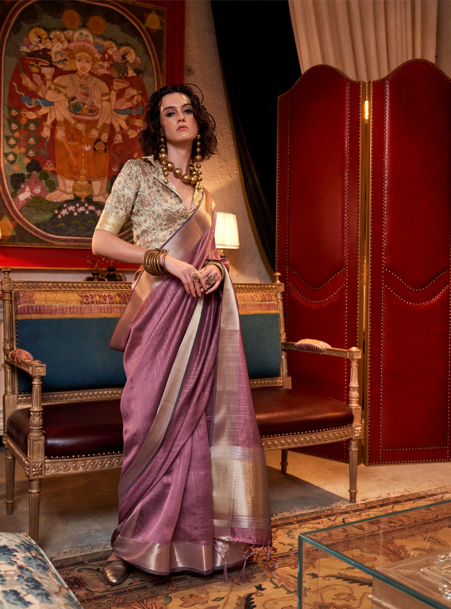 Mauve Handwoven Moss Chiffon Saree with Heavy Jacquard Blouse